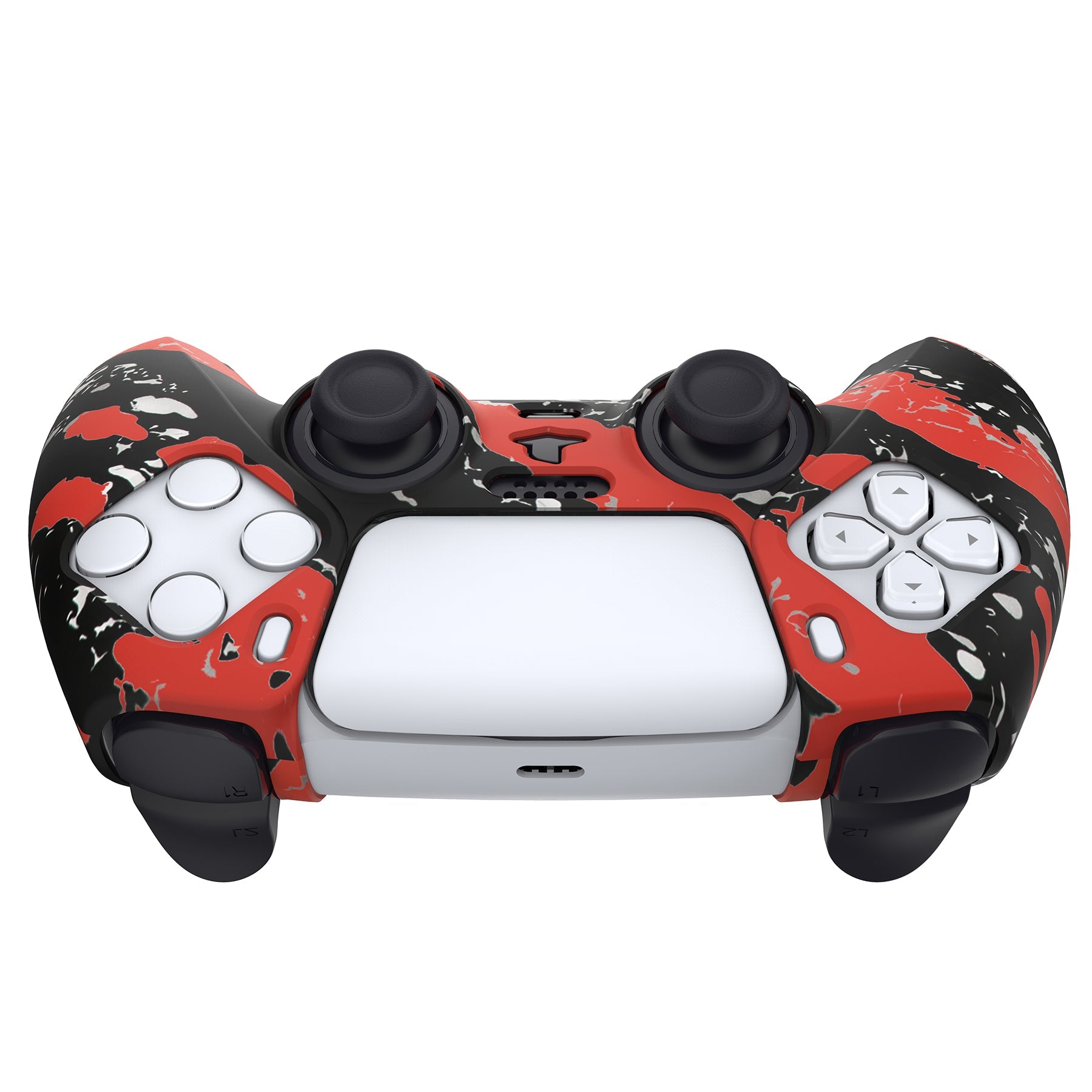 PlayVital Water Transfer Printing Red Splash Patterned Anti-Slip Silicone Cover Skin Soft Rubber Case Protector for PS5 Controller with 6 Thumb Grip Caps - KOPF021 PlayVital