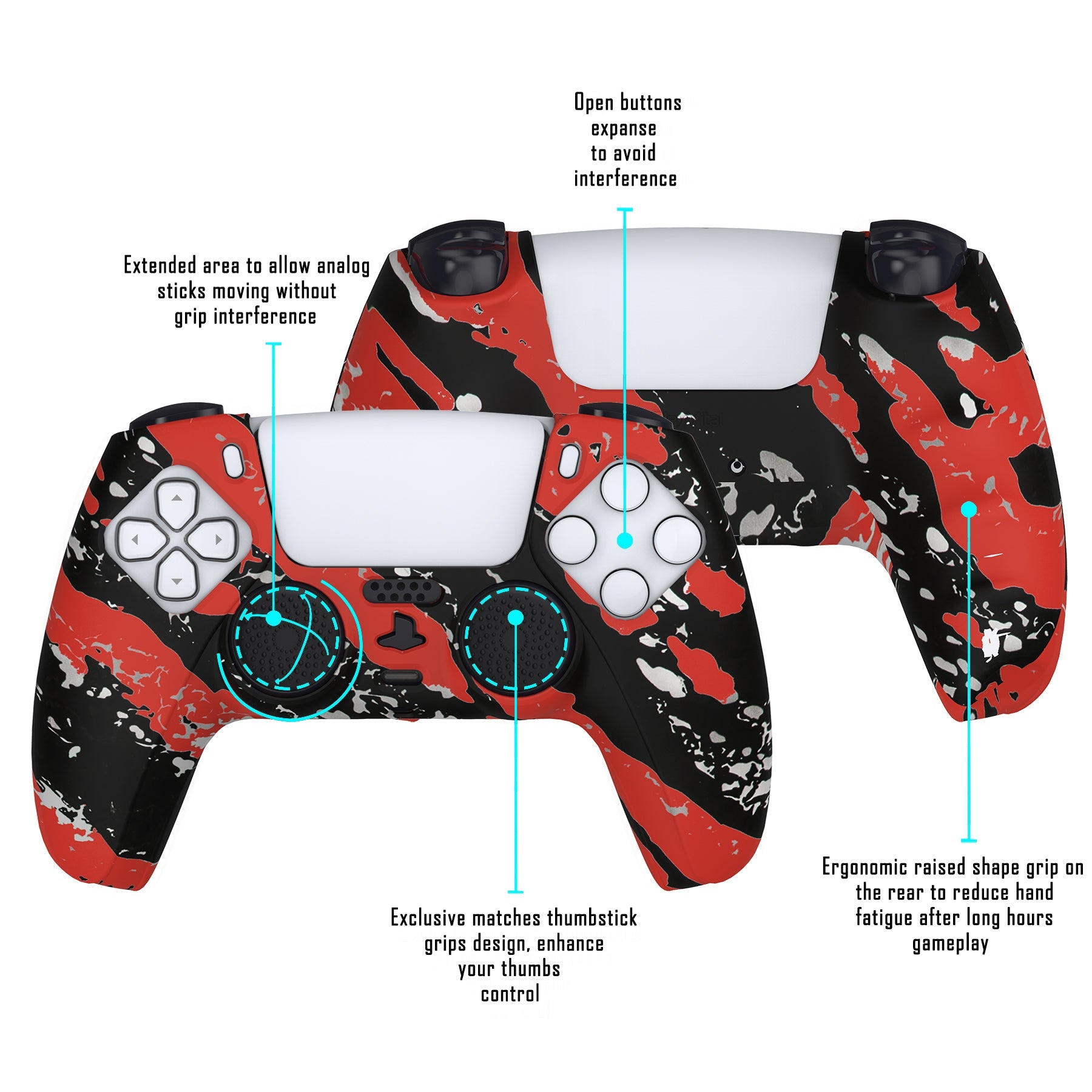 PlayVital Water Transfer Printing Red Splash Patterned Anti-Slip Silicone Cover Skin Soft Rubber Case Protector for PS5 Controller with 6 Thumb Grip Caps - KOPF021 PlayVital