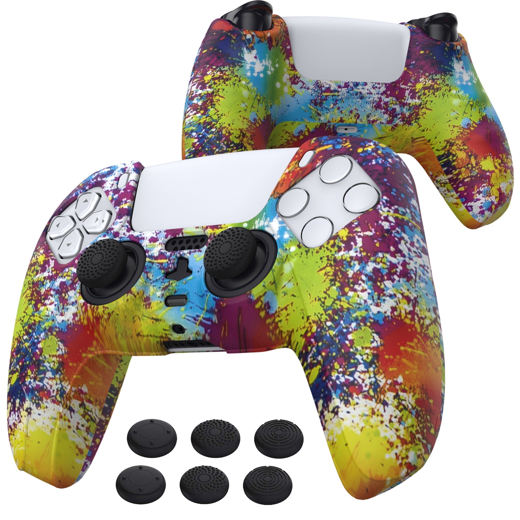 PlayVital Water Transfer Printing Colorful Splash Patterned Anti-Slip Silicone Cover Skin Soft Rubber Case Protector for PS5 Controller with 6 Thumb Grip Caps - KOPF024 PlayVital