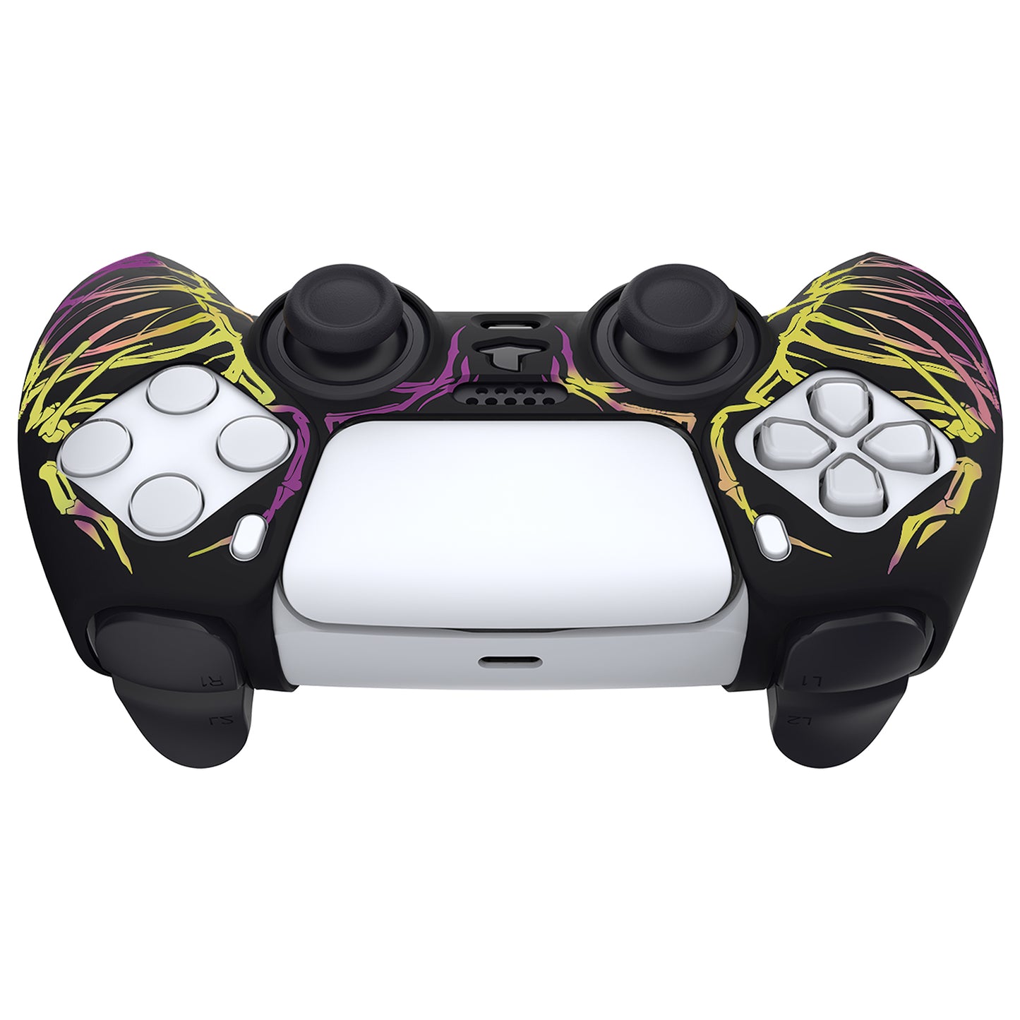 PlayVital Carving Skull Purple & Yellow Anti-Slip Silicone Cover Skin Soft Rubber Case Protector for PS5 Controller with 6 Thumb Grip Caps - KOPF027 PlayVital