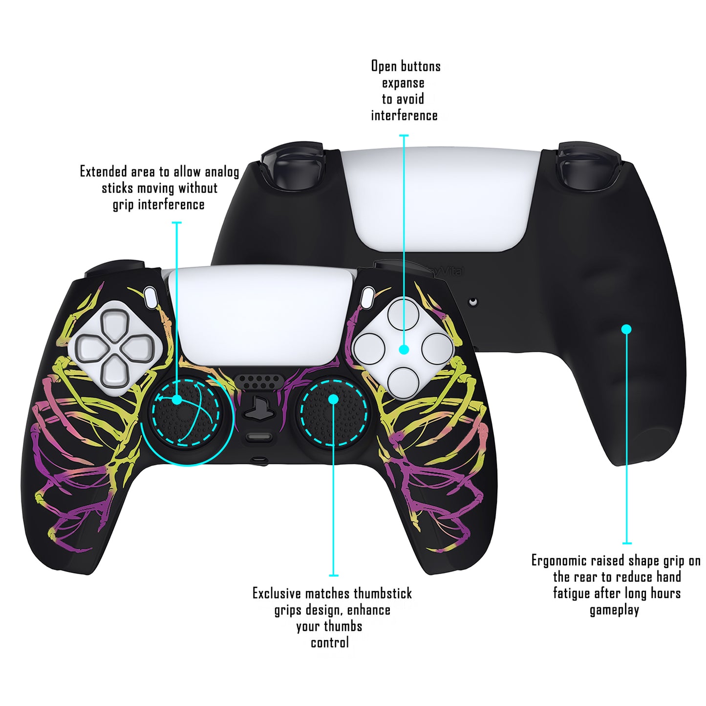 PlayVital Carving Skull Purple & Yellow Anti-Slip Silicone Cover Skin Soft Rubber Case Protector for PS5 Controller with 6 Thumb Grip Caps - KOPF027 PlayVital