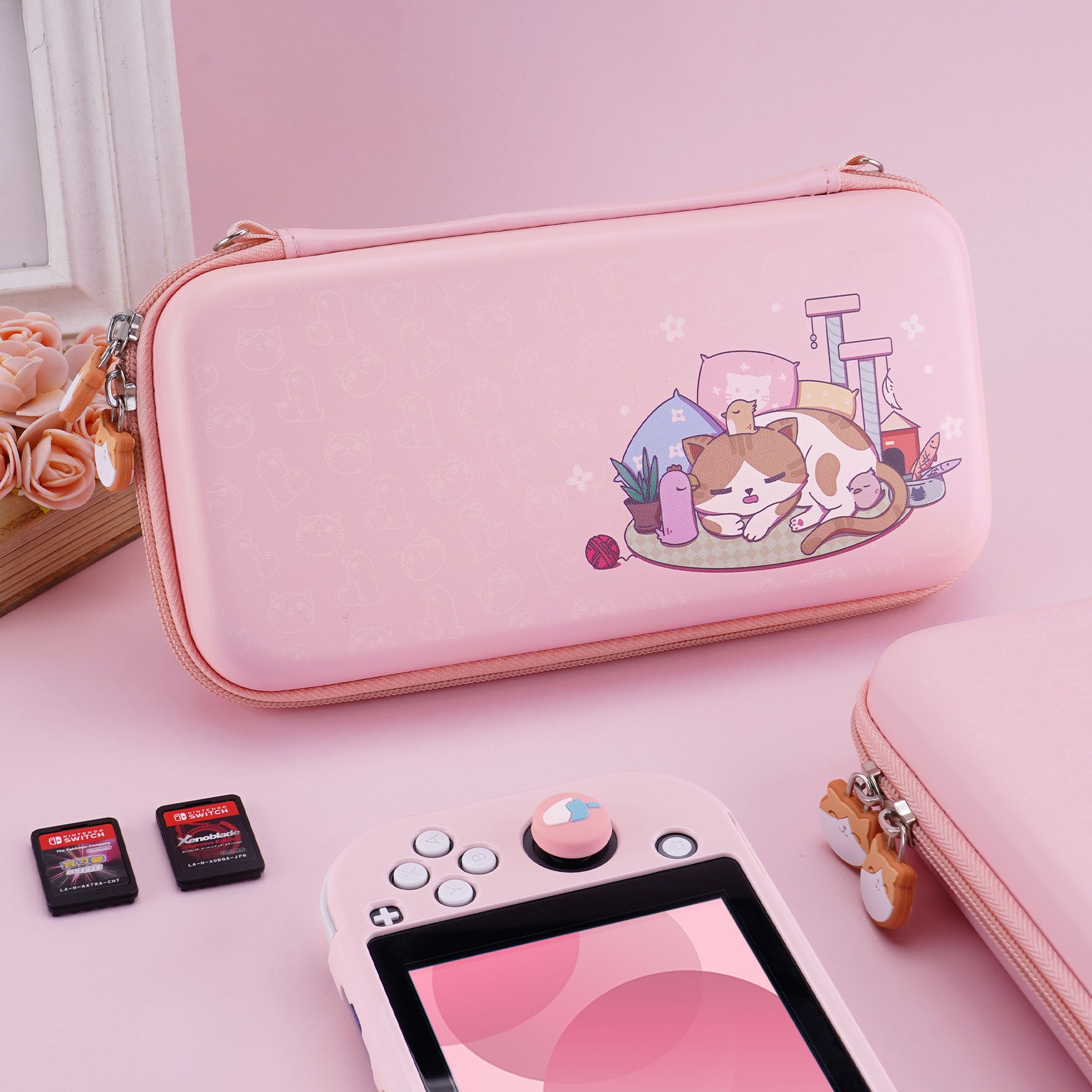 PlayVital Pink Switch Lite Travel Carrying Case, Portable Pouch, Soft Velvet Lining Storage Bag for NS Switch Lite with Thumb Grips 8 Game Cards Slots Inner Pocket - Kitten & Chicken - LTW002 PlayVital