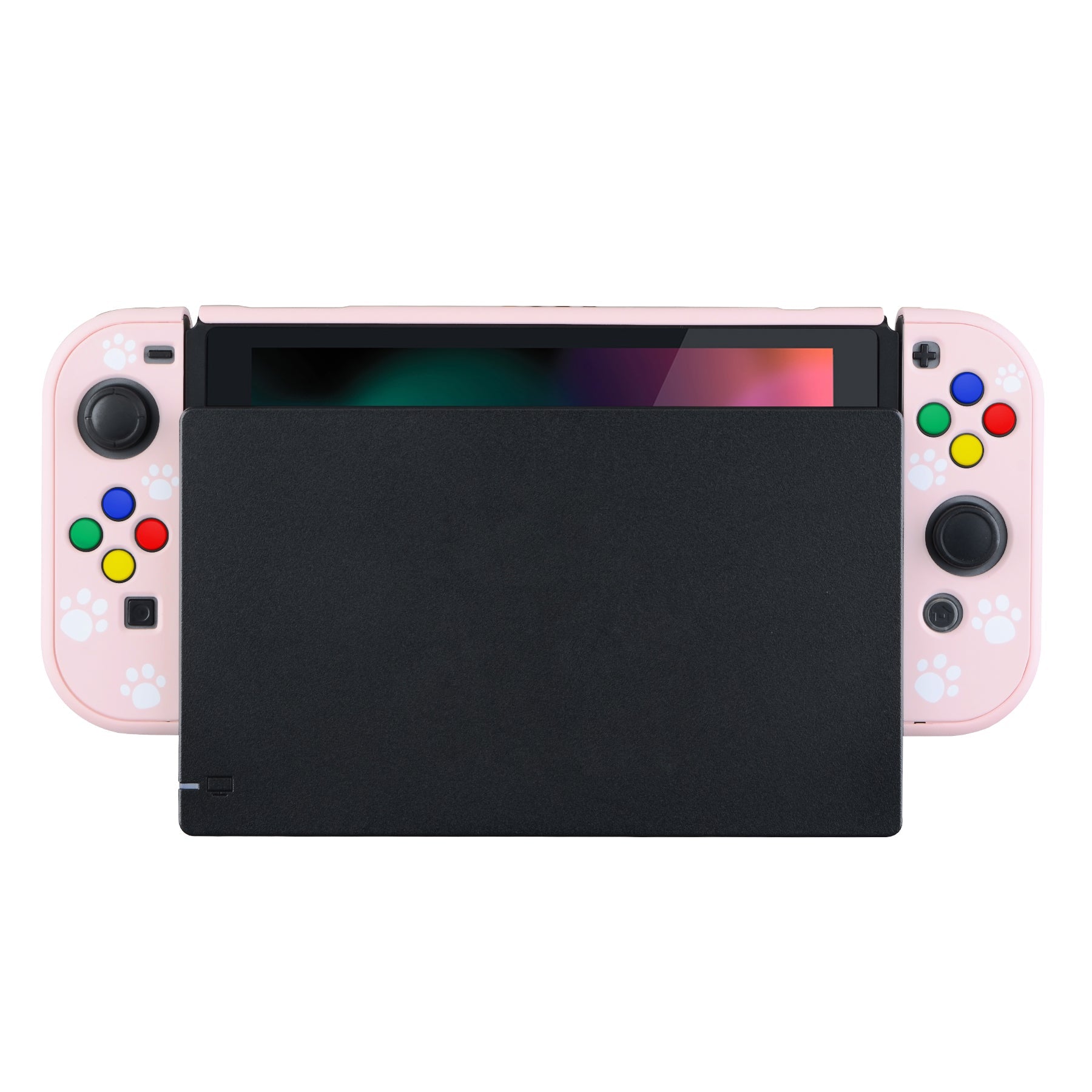 PlayVital Pink Cat Paw Back Cover for NS Switch Console, NS Joycon Handheld Controller Separable Protector Hard Shell, Dockable Protective Case with Colorful ABXY Direction Button Caps - NTT101 PlayVital