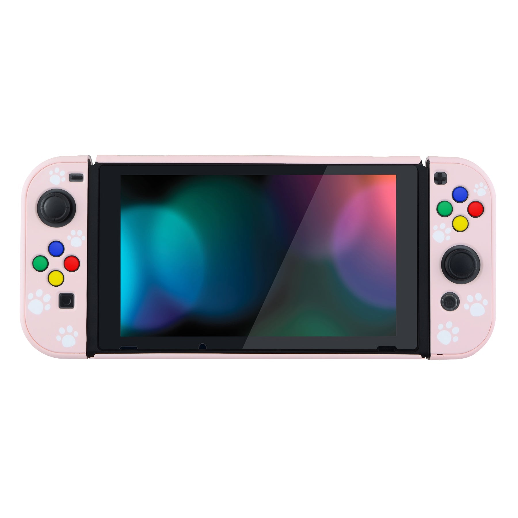 PlayVital Pink Cat Paw Back Cover for NS Switch Console, NS Joycon Handheld Controller Separable Protector Hard Shell, Dockable Protective Case with Colorful ABXY Direction Button Caps - NTT101 PlayVital