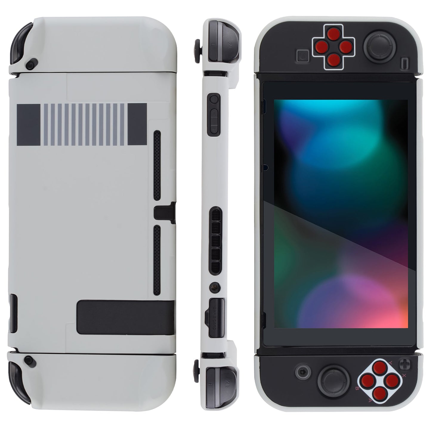 PlayVital Classics NES Style Back Cover for NS Switch Console, NS Joycon Handheld Controller Separable Protector Hard Shell, Dockable Protective Case with Red ABXY Direction Button Caps - NTT103 PlayVital