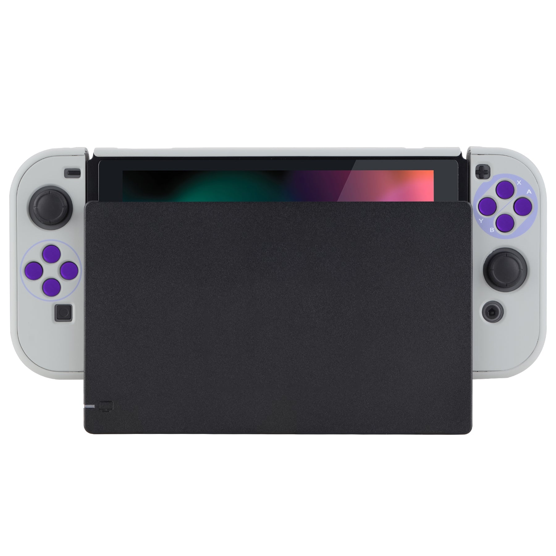 PlayVital Classics SNES Style Back Cover for NS Switch Console, NS Joycon Handheld Controller Separable Protector Hard Shell, Dockable Protective Case with Purple ABXY Direction Button Caps - NTT104 PlayVital