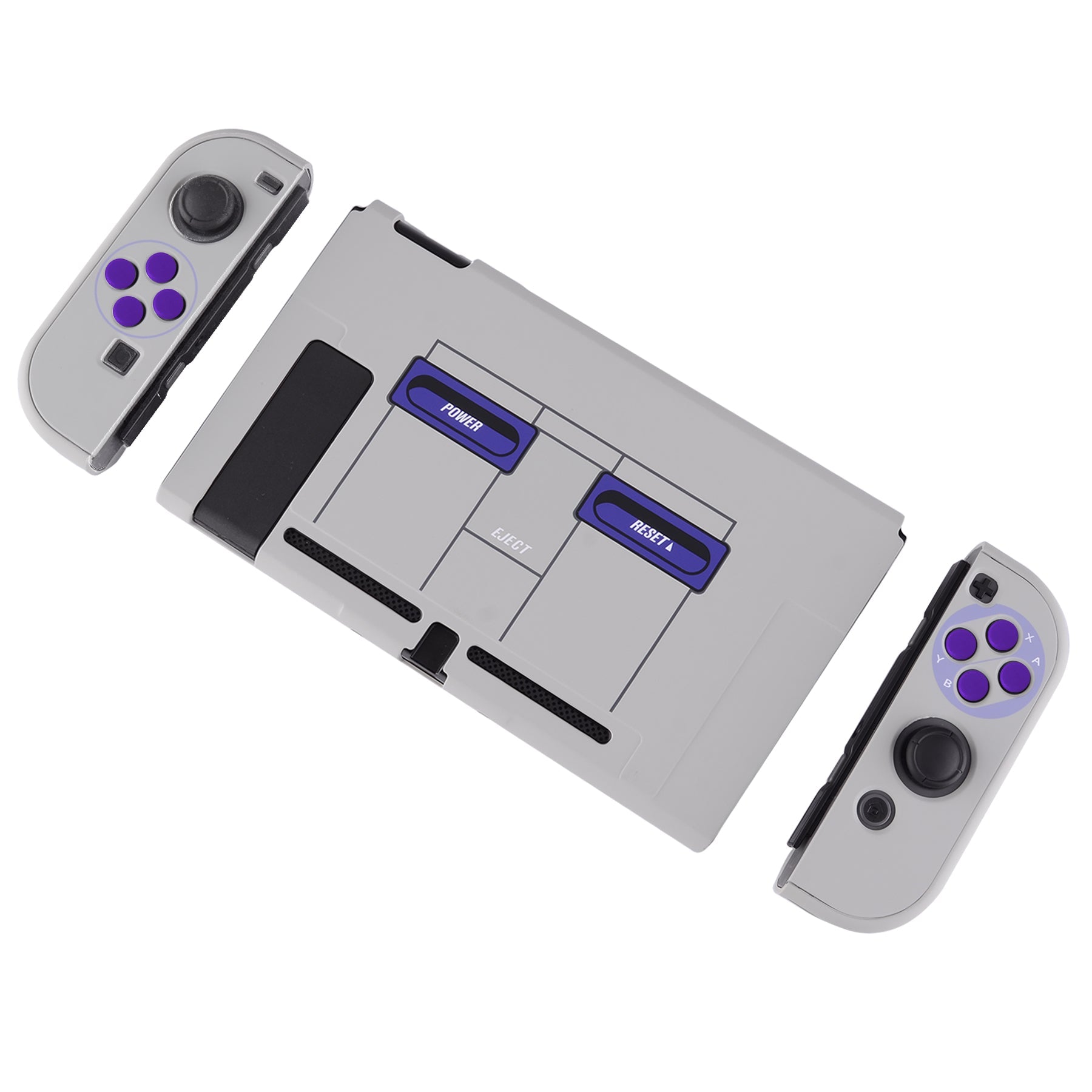 PlayVital Classics SNES Style Back Cover for NS Switch Console, NS Joycon Handheld Controller Separable Protector Hard Shell, Dockable Protective Case with Purple ABXY Direction Button Caps - NTT104 PlayVital