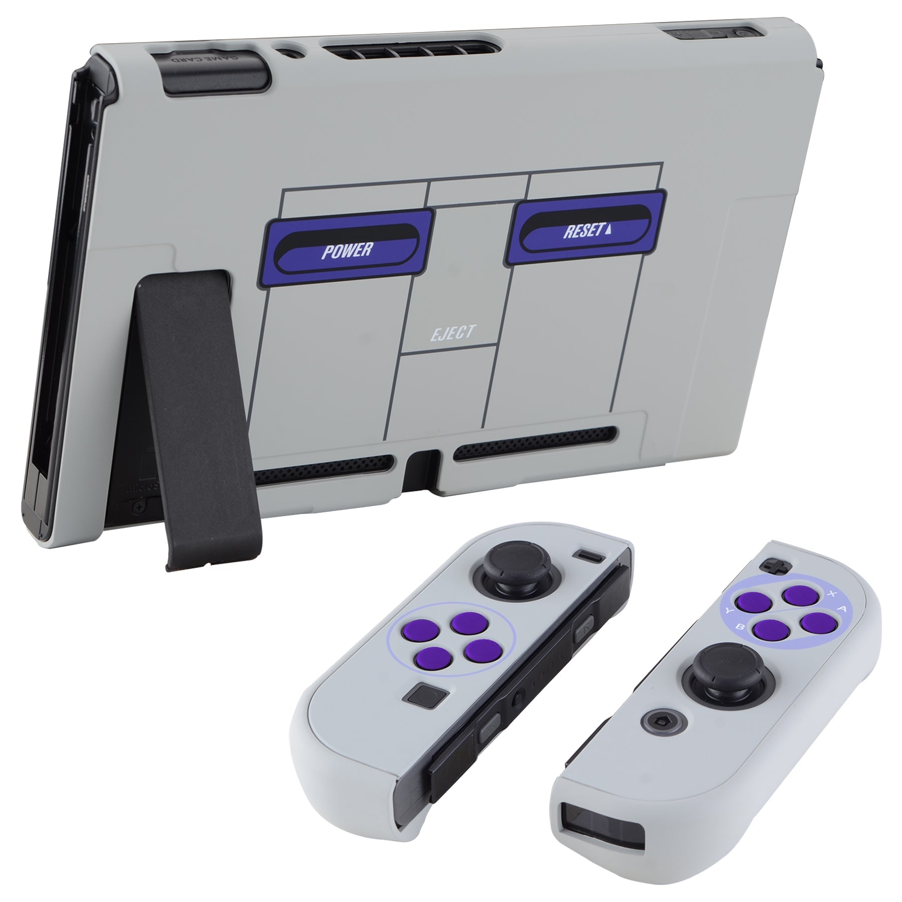 PlayVital Classics SNES Style Back Cover for NS Switch Console, NS Joycon Handheld Controller Separable Protector Hard Shell, Dockable Protective Case with Purple ABXY Direction Button Caps - NTT104 PlayVital