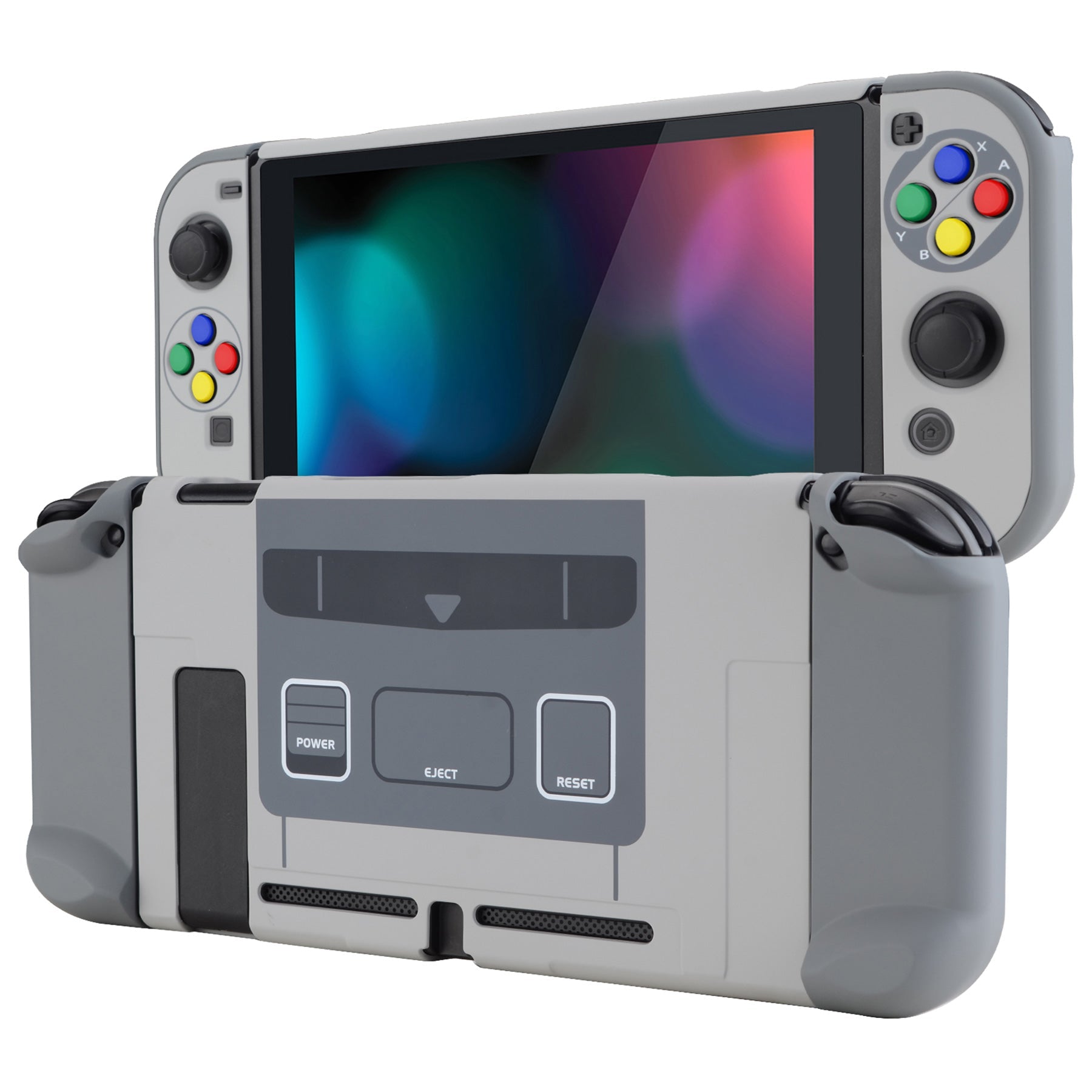 PlayVital SFC SNES Classic EU Style Back Cover for NS Switch Console, NS Joycon Handheld Controller Separable Protector Hard Shell, Dockable Protective Case with Colorful ABXY Direction Button Caps - NTT105 PlayVital