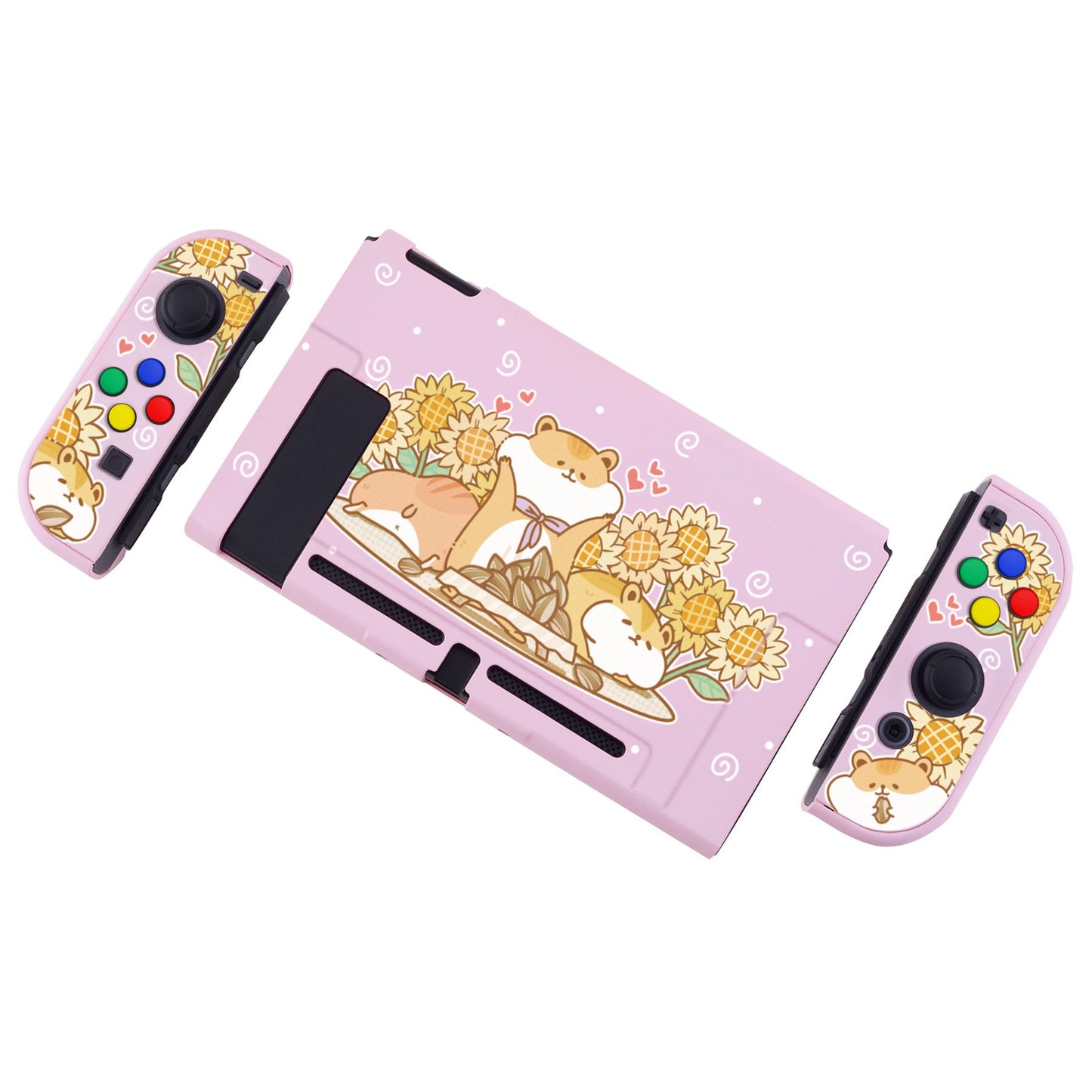 PlayVital Hamster & Sunflower Back Cover for NS Switch Console, NS Joycon Handheld Controller Separable Protector Hard Shell, Dockable Protective Case with Colorful ABXY Direction Button Caps - NTT106 PlayVital