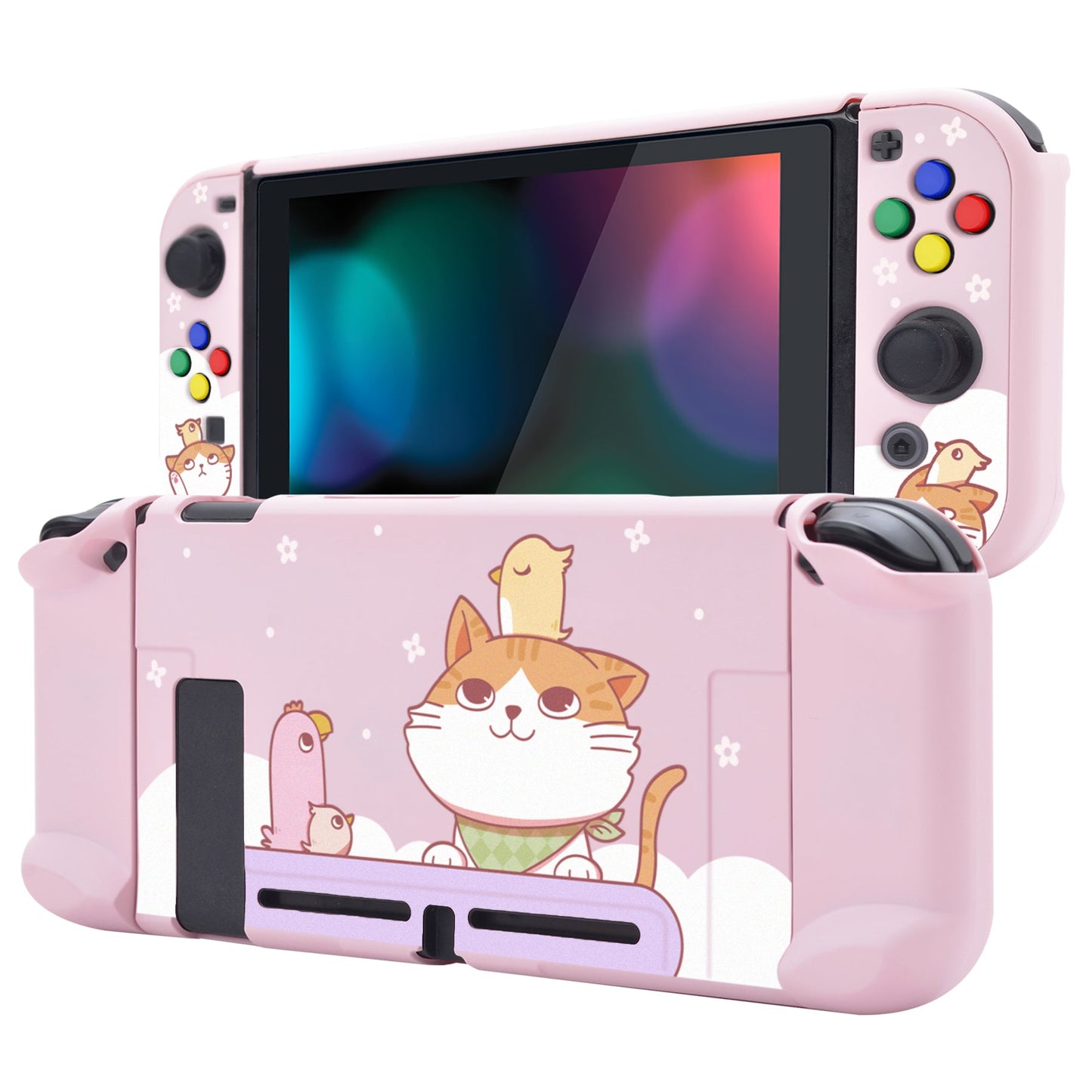 PlayVital Kitten & Chicken Back Cover for NS Switch Console, NS Joycon Handheld Controller Separable Protector Hard Shell, Dockable Protective Case with Colorful ABXY Direction Button Caps - NTT109 PlayVital