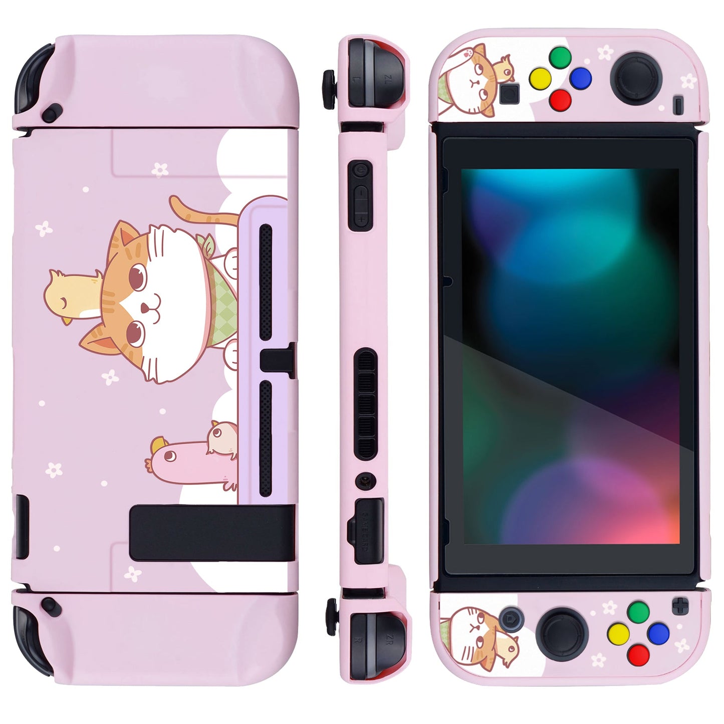 PlayVital Kitten & Chicken Back Cover for NS Switch Console, NS Joycon Handheld Controller Separable Protector Hard Shell, Dockable Protective Case with Colorful ABXY Direction Button Caps - NTT109 PlayVital
