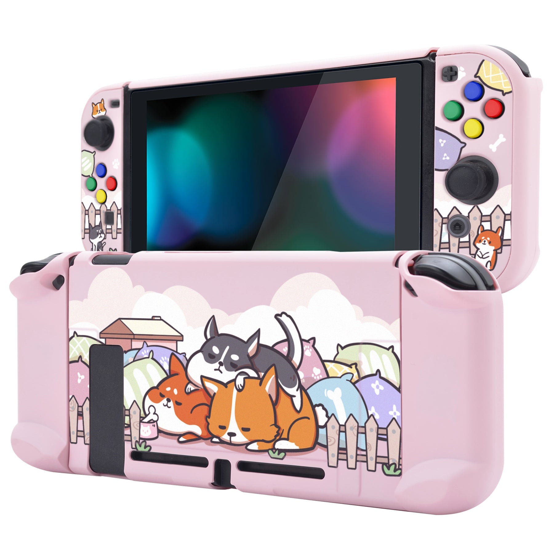 PlayVital Sleeping Shiba Inu Puppies Back Cover for NS Switch Console, NS Joycon Handheld Controller Separable Protector Hard Shell, Dockable Protective Case with Colorful ABXY Direction Button Caps - NTT111 PlayVital