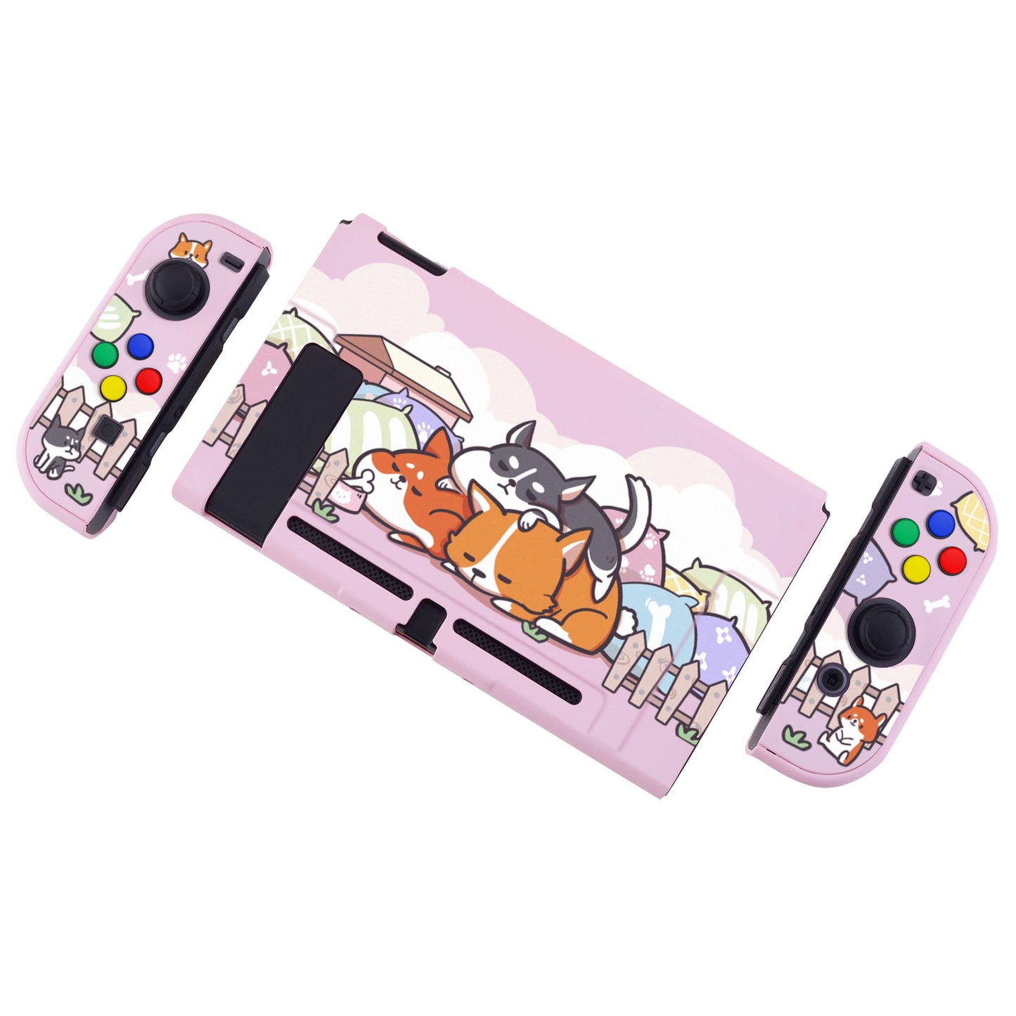 PlayVital Sleeping Shiba Inu Puppies Back Cover for NS Switch Console, NS Joycon Handheld Controller Separable Protector Hard Shell, Dockable Protective Case with Colorful ABXY Direction Button Caps - NTT111 PlayVital