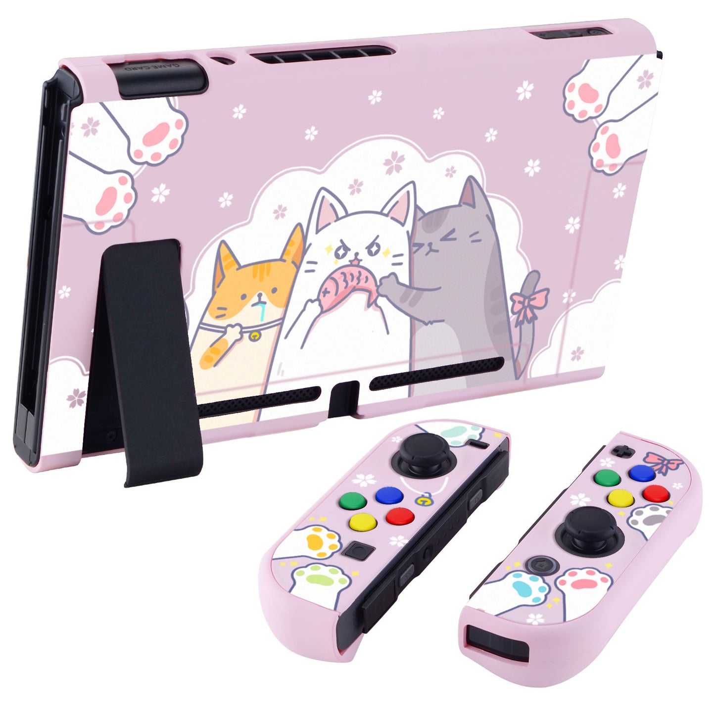 PlayVital Hungry Kitties Back Cover for NS Switch Console, NS Joycon Handheld Controller Separable Protector Hard Shell, Dockable Protective Case with Colorful ABXY Direction Button Caps - NTT112 PlayVital