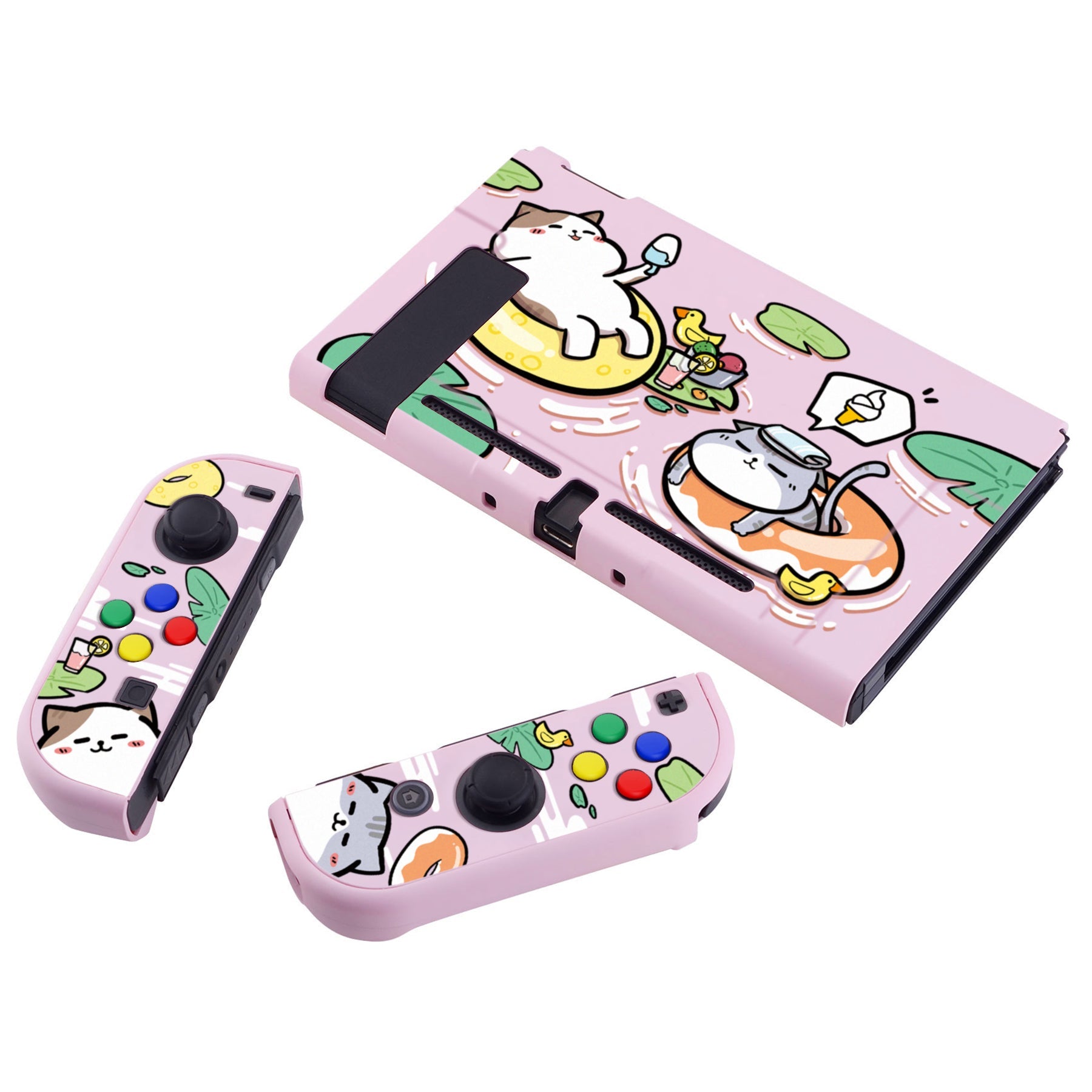 PlayVital Pool Party Kitten Back Cover for NS Switch Console, NS Joycon Handheld Controller Separable Protector Hard Shell, Dockable Protective Case with Colorful ABXY Direction Button Caps - NTT114 PlayVital