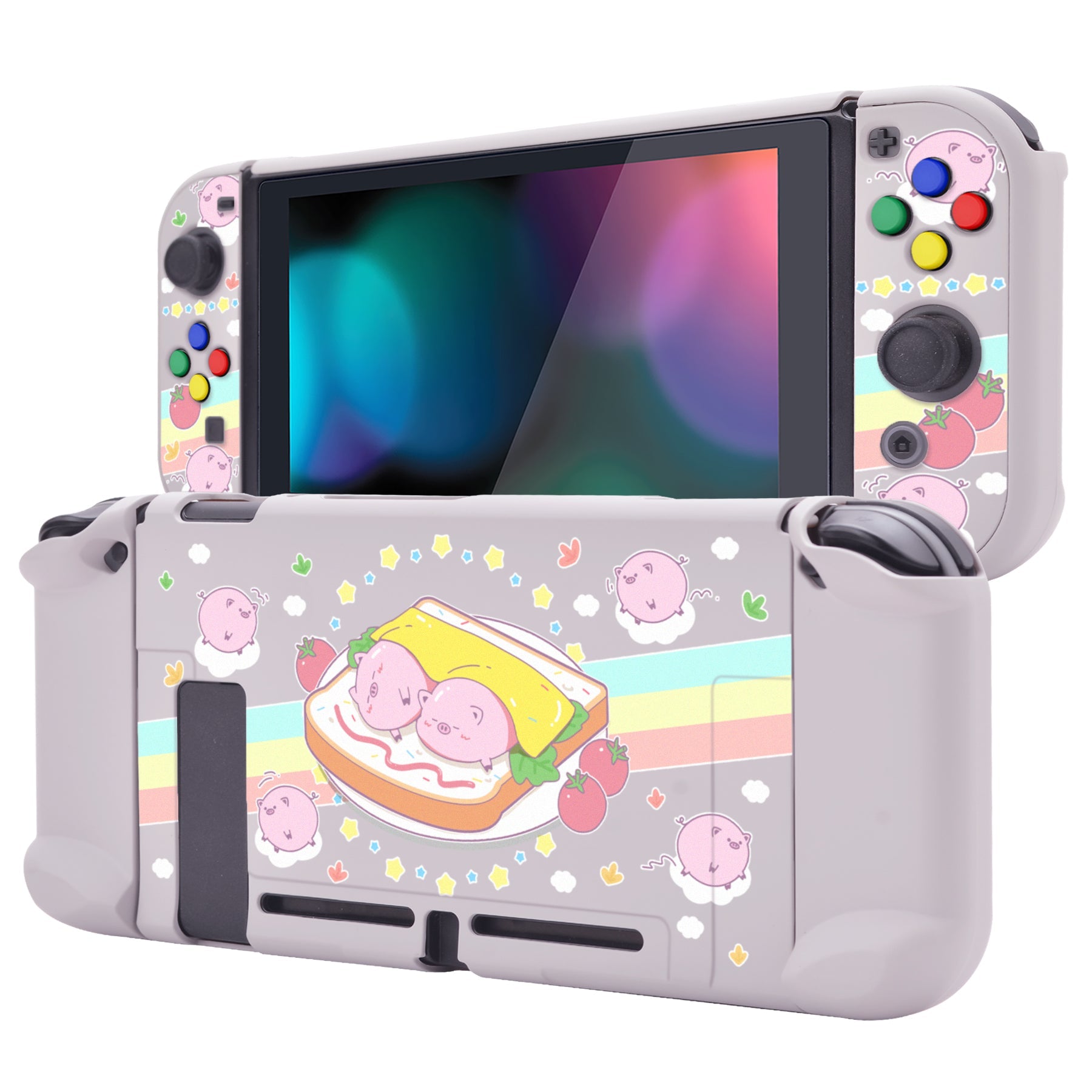 PlayVital Piggy Sandwich Back Cover for NS Switch Console, NS Joycon Handheld Controller Separable Protector Hard Shell, Dockable Protective Case with Colorful ABXY Direction Button Caps - NTT118 PlayVital