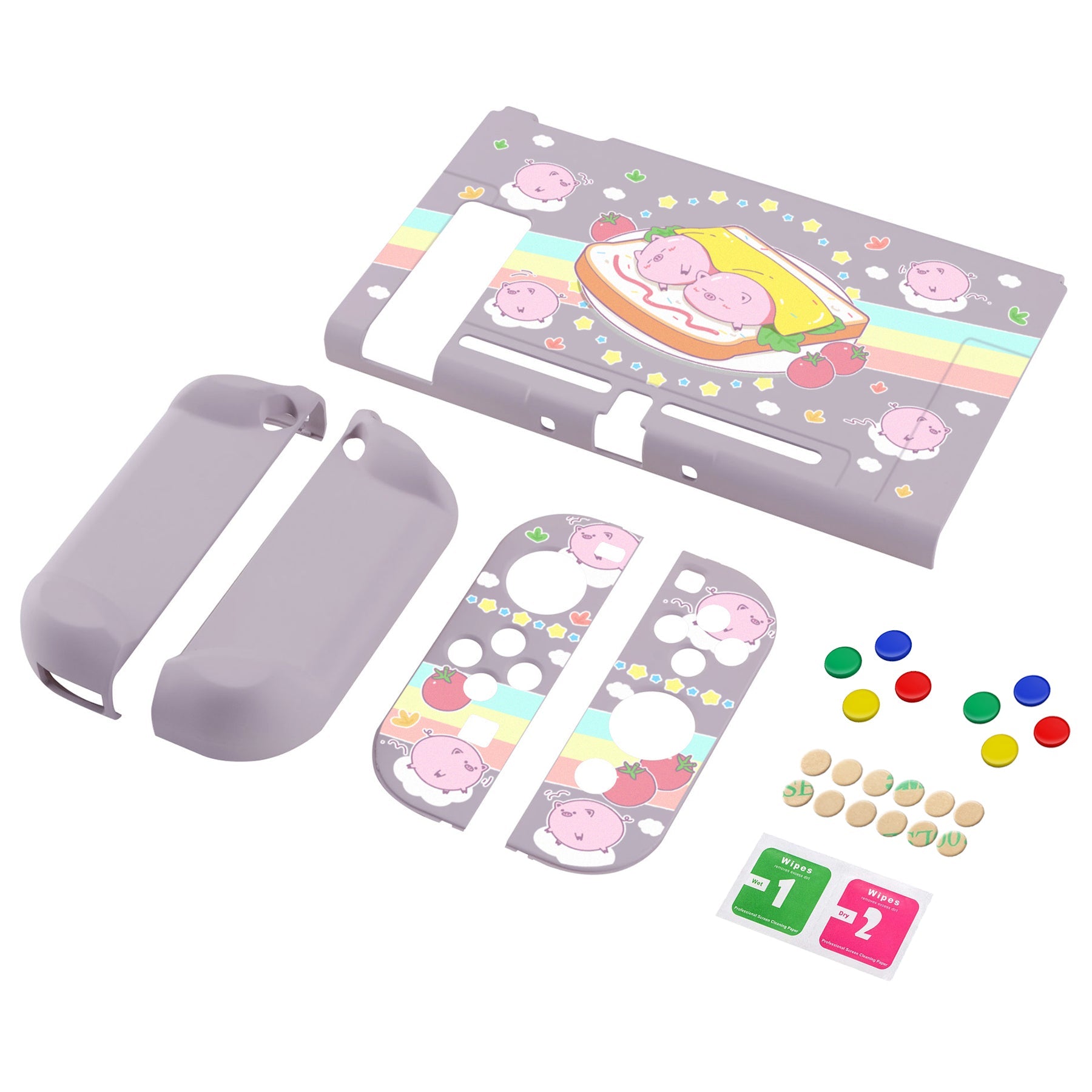 PlayVital Piggy Sandwich Back Cover for NS Switch Console, NS Joycon Handheld Controller Separable Protector Hard Shell, Dockable Protective Case with Colorful ABXY Direction Button Caps - NTT118 PlayVital