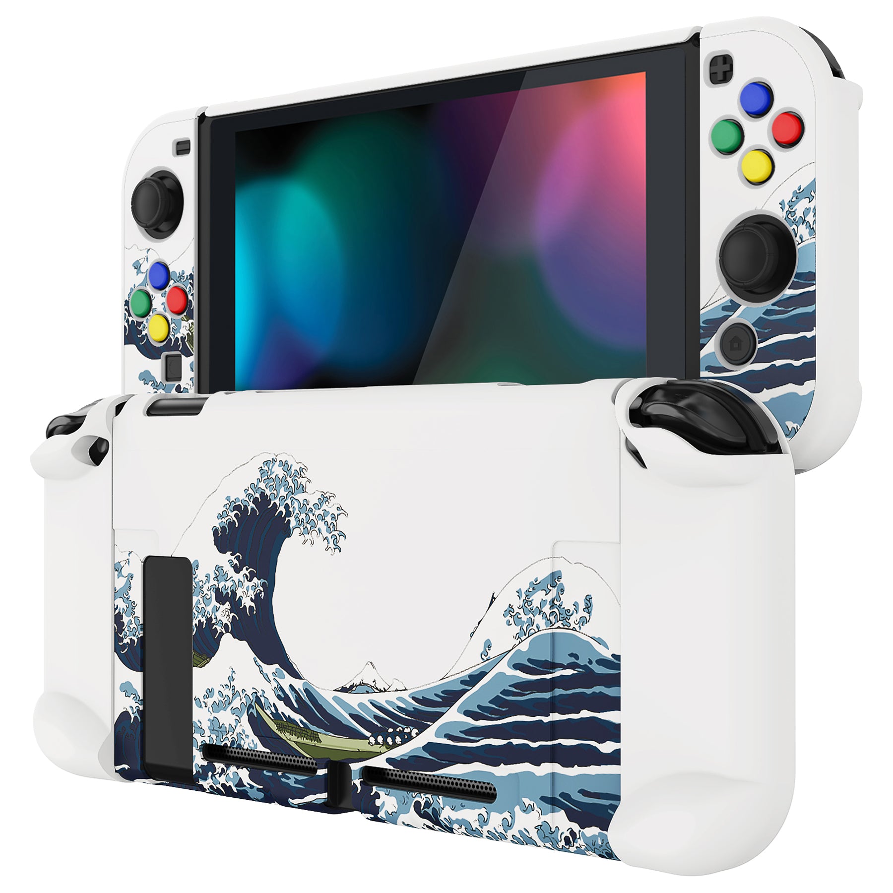 PlayVital Back Cover for Nintendo Switch, NS Joycon Handheld Controller Protector Hard Shell, Dockable Protective Case with Colorful ABXY Direction Button Caps - The Great Wave - NTT121 PlayVital