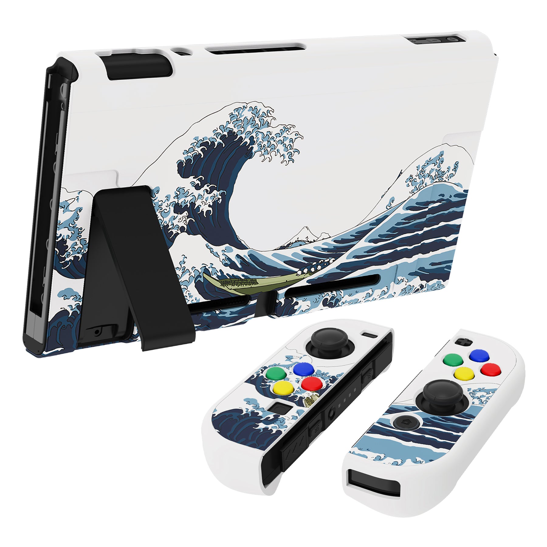 PlayVital Back Cover for Nintendo Switch, NS Joycon Handheld Controller Protector Hard Shell, Dockable Protective Case with Colorful ABXY Direction Button Caps - The Great Wave - NTT121 PlayVital
