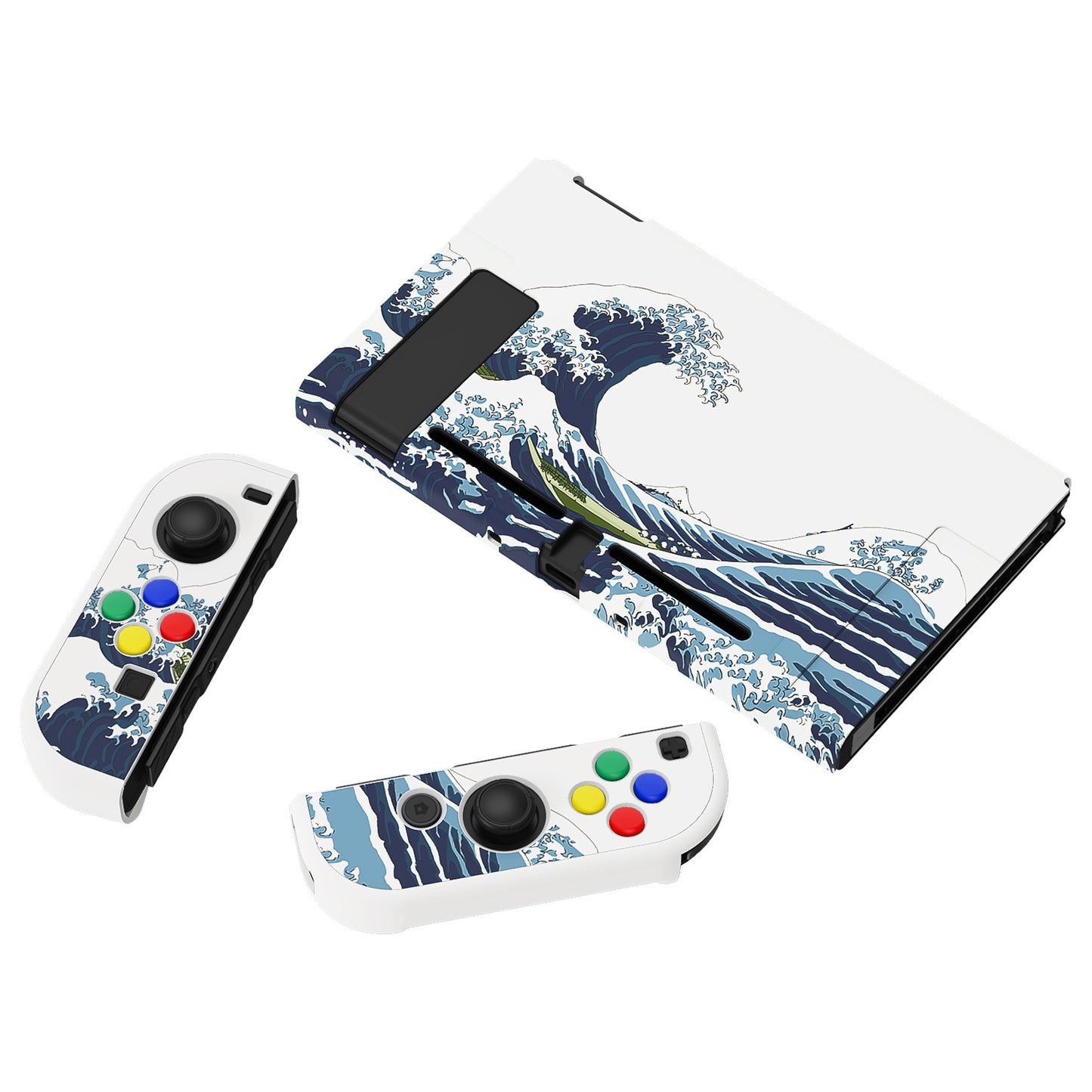 PlayVital Back Cover for Nintendo Switch, NS Joycon Handheld Controller Protector Hard Shell, Dockable Protective Case with Colorful ABXY Direction Button Caps - The Great Wave - NTT121 PlayVital