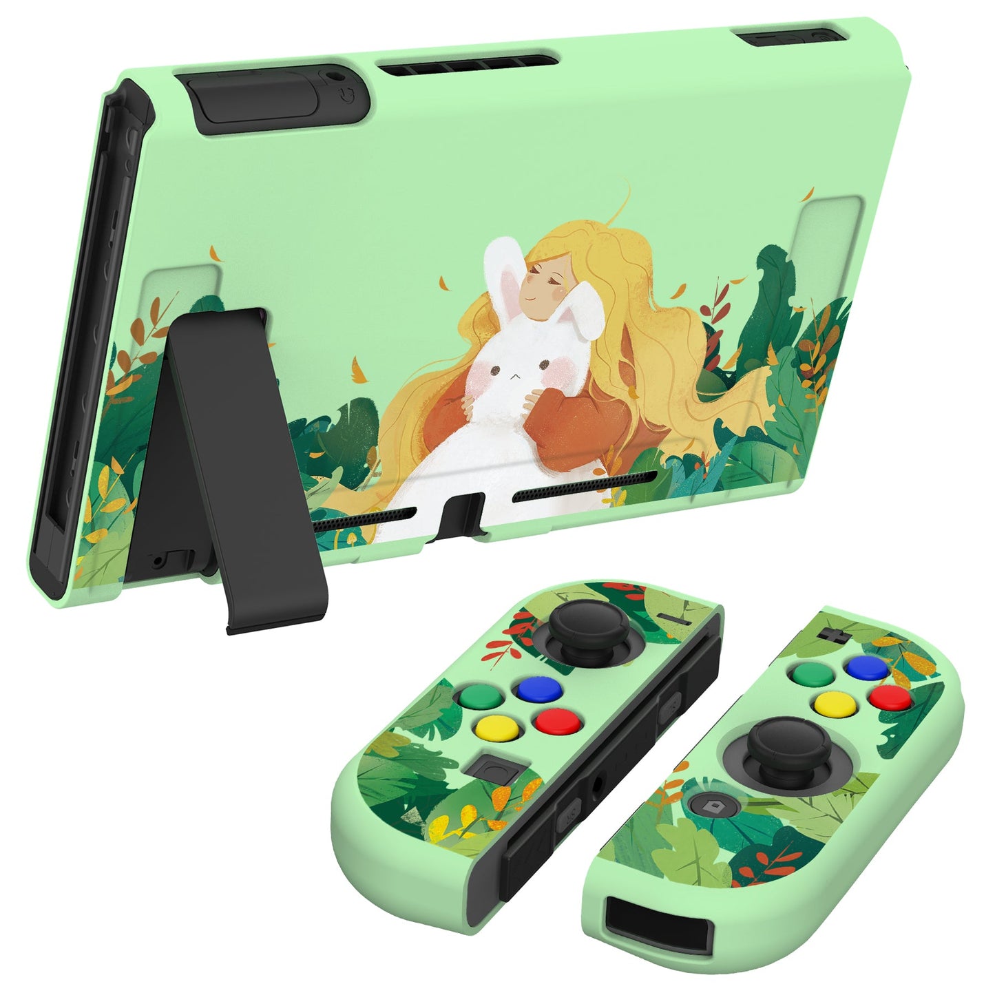 PlayVital Rabbit & Girl Protective Case for NS Switch, Soft TPU Slim Case Cover for NS Switch Joy-Con Console with Colorful ABXY Direction Button Caps - NTU6011 PlayVital