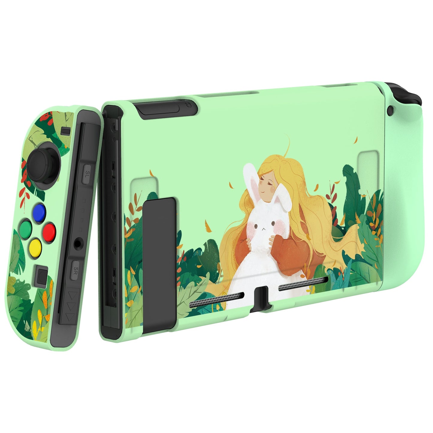 PlayVital Rabbit & Girl Protective Case for NS Switch, Soft TPU Slim Case Cover for NS Switch Joy-Con Console with Colorful ABXY Direction Button Caps - NTU6011 PlayVital