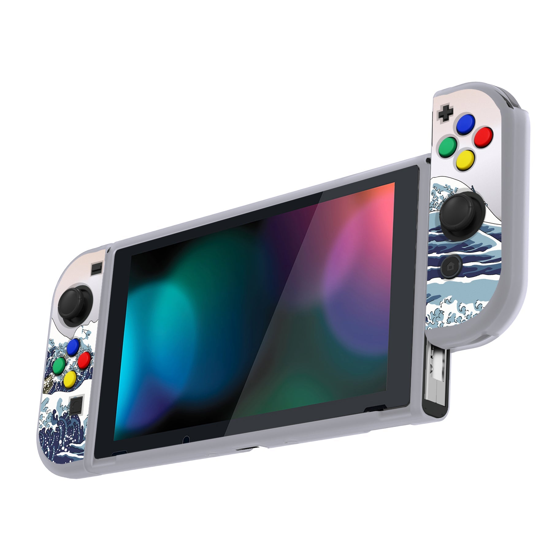 PlayVital The Great Wave Protective Case for NS Switch, Soft TPU Slim Case Cover for NS Switch Joy-Con Console with Colorful ABXY Direction Button Caps - NTU6017 PlayVital