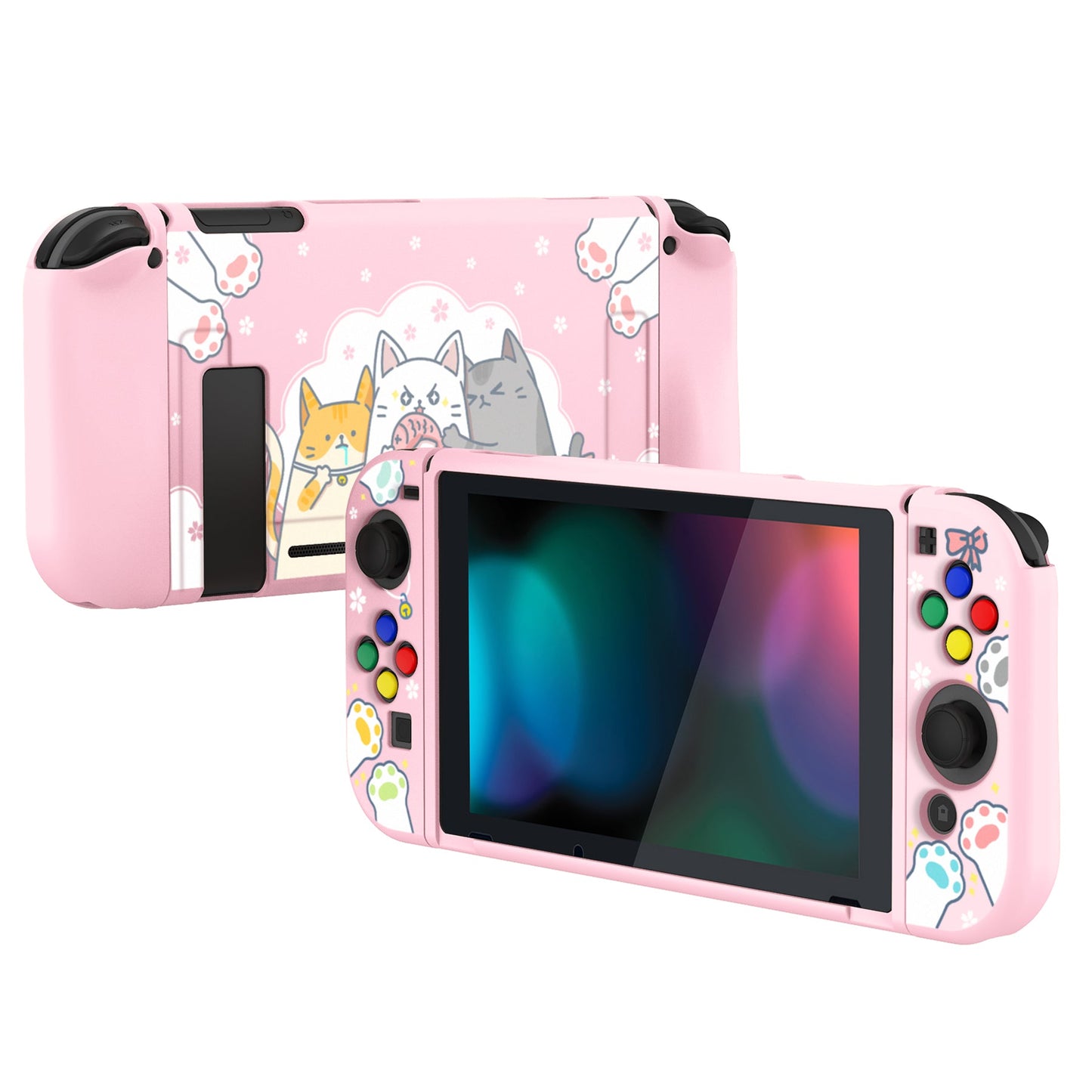 PlayVital Hungry Kitties Protective Case for NS, Soft TPU Slim Case Cover for NS Joycon Console with Colorful ABXY Direction Button Caps - NTU6020 PlayVital