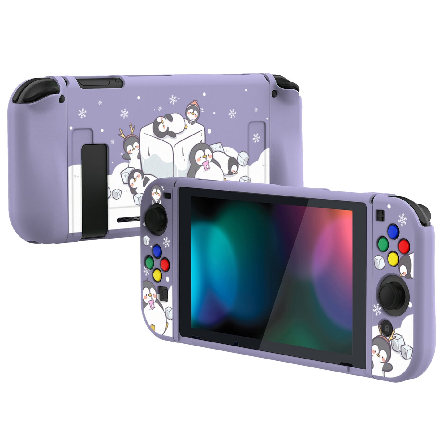 PlayVital Icy Cube Penguin Protective Case for NS, Soft TPU Slim Case Cover for NS Joycon Console with Colorful ABXY Direction Button Caps - NTU6023 PlayVital