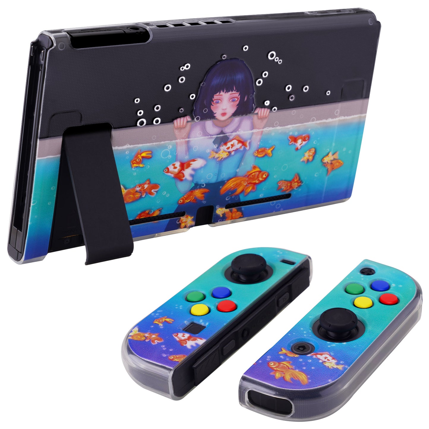 PlayVital Transparent Protective Case for NS Switch, Soft TPU Slim Case Cover for NS Switch Joycon Console with ColorfulABXY Direction Button Caps - Aquarium Girl - NTU6029 PlayVital