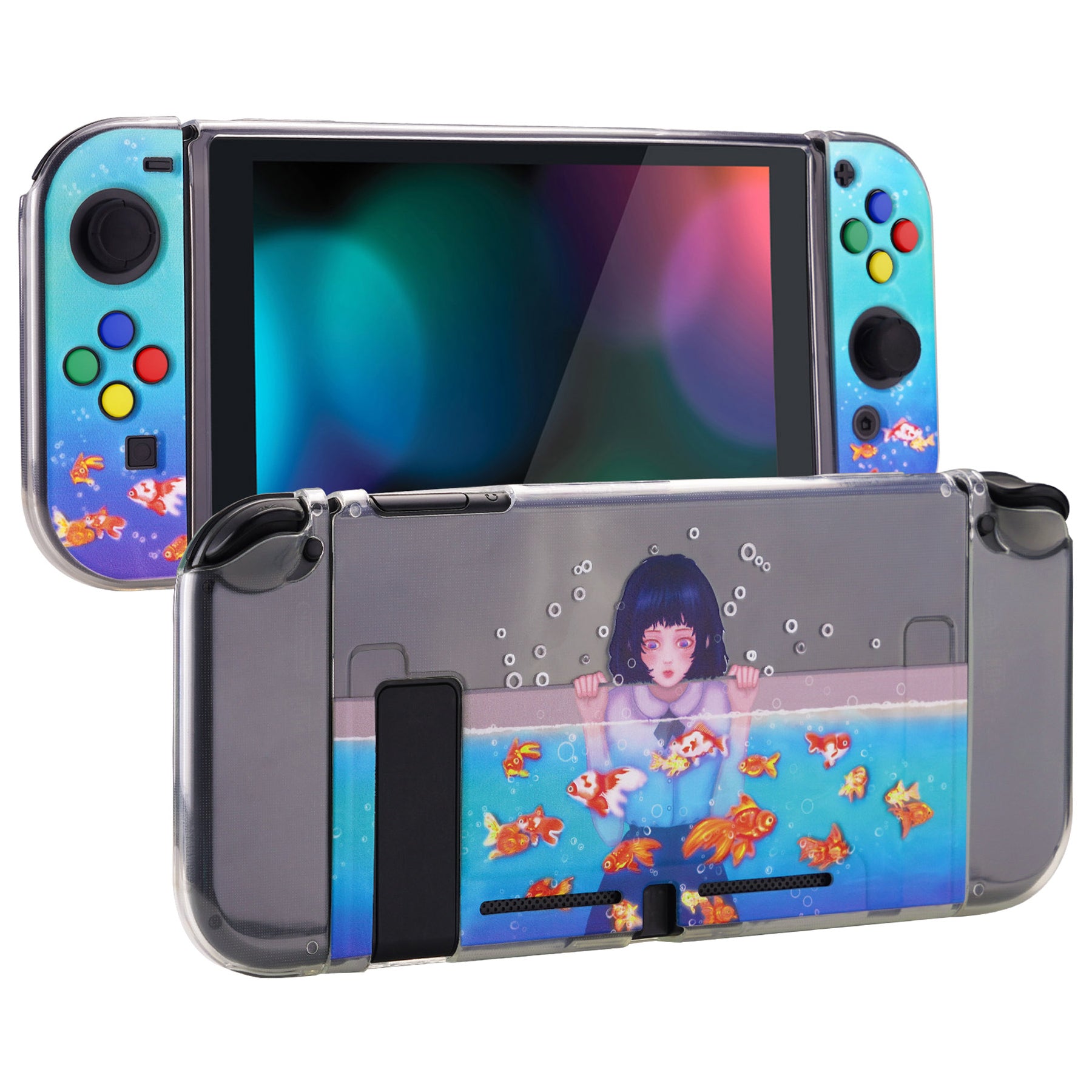 PlayVital Transparent Protective Case for NS Switch, Soft TPU Slim Case Cover for NS Switch Joycon Console with ColorfulABXY Direction Button Caps - Aquarium Girl - NTU6029 PlayVital
