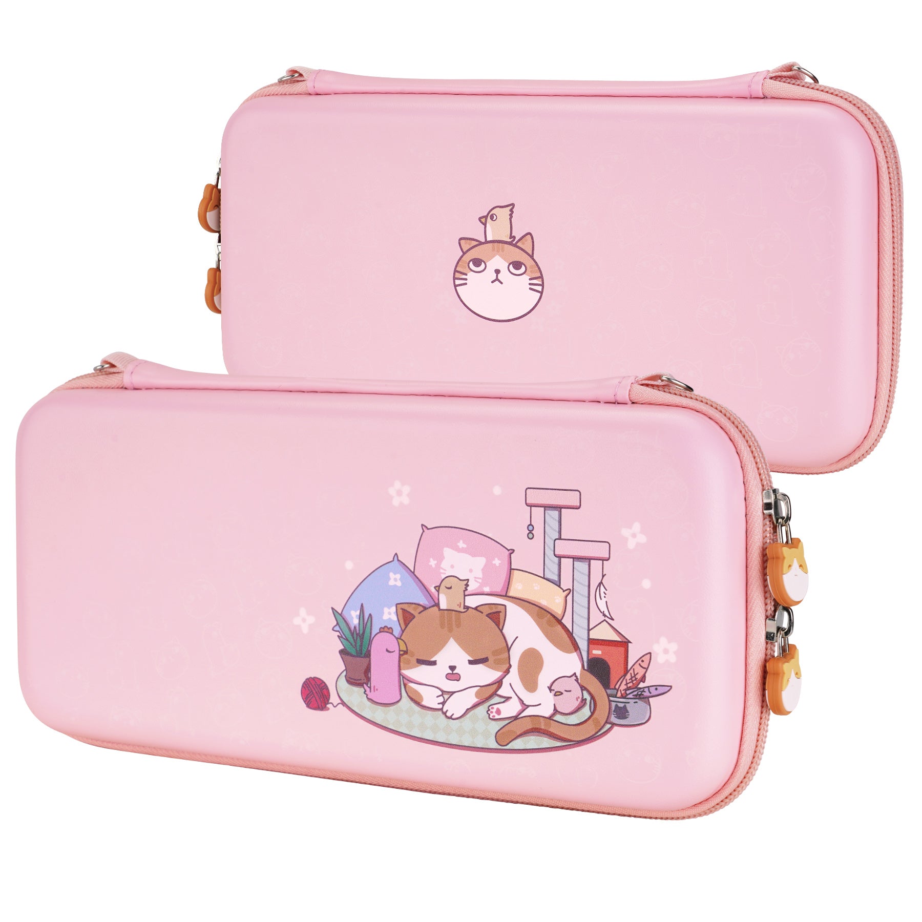 PlayVital Pink Cute Switch Carrying Case, Switch Portable Pouch, Soft Velvet Lining Switch Storage Bag, Travel Case for NS Switch OLED with Thumb Grips Game Cards Slots & Inner Pocket - Kitten & Chicken - NTW002 PlayVital