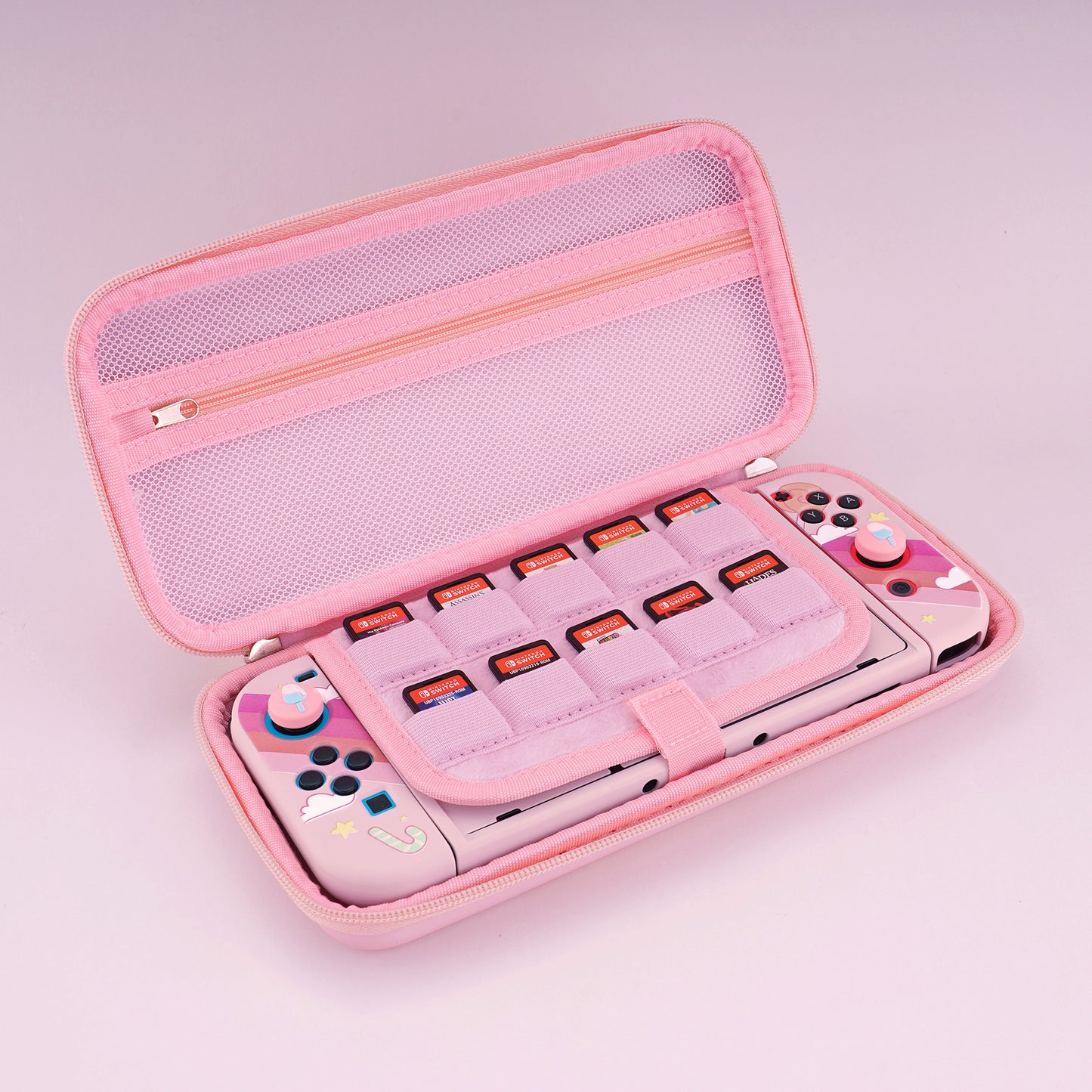 PlayVital Pink Switch Carrying Case, Switch Portable Pouch, Soft Velvet Lining Switch Storage Bag, Travel Case for NS Switch OLED with Thumb Grips Game Cards Slots & Inner Pocket - Kitten & Chicken - NTW002 PlayVital