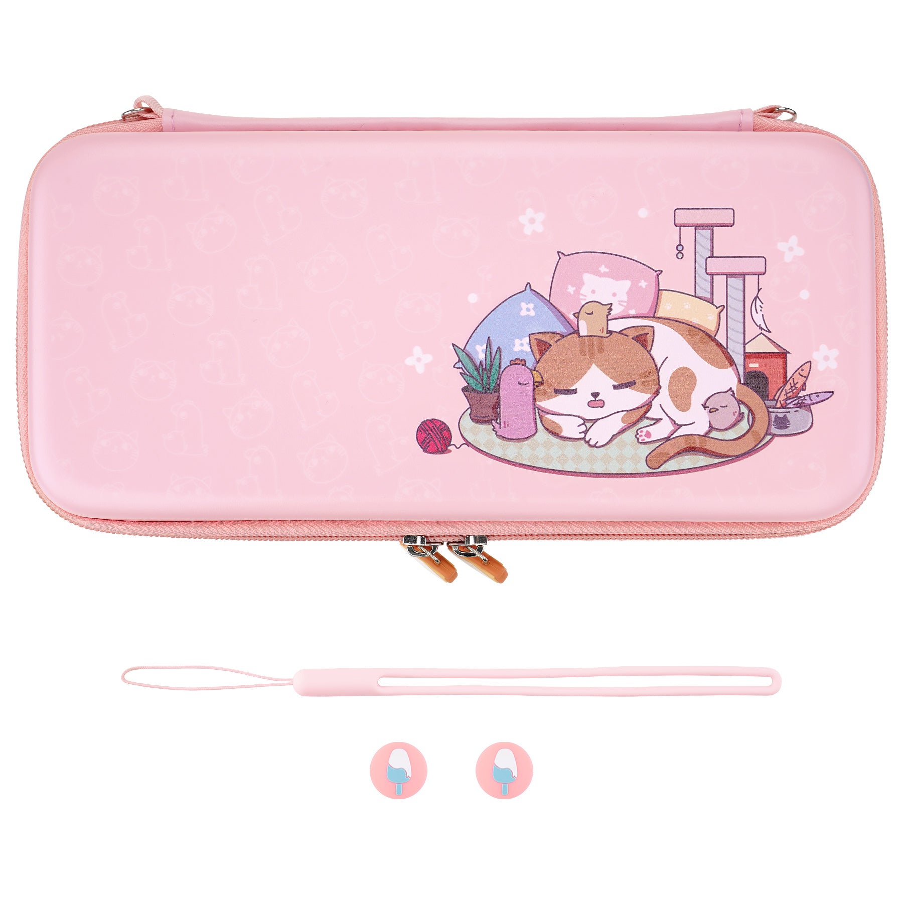 PlayVital Pink Switch Carrying Case, Switch Portable Pouch, Soft Velvet Lining Switch Storage Bag, Travel Case for NS Switch OLED with Thumb Grips Game Cards Slots & Inner Pocket - Kitten & Chicken - NTW002 PlayVital