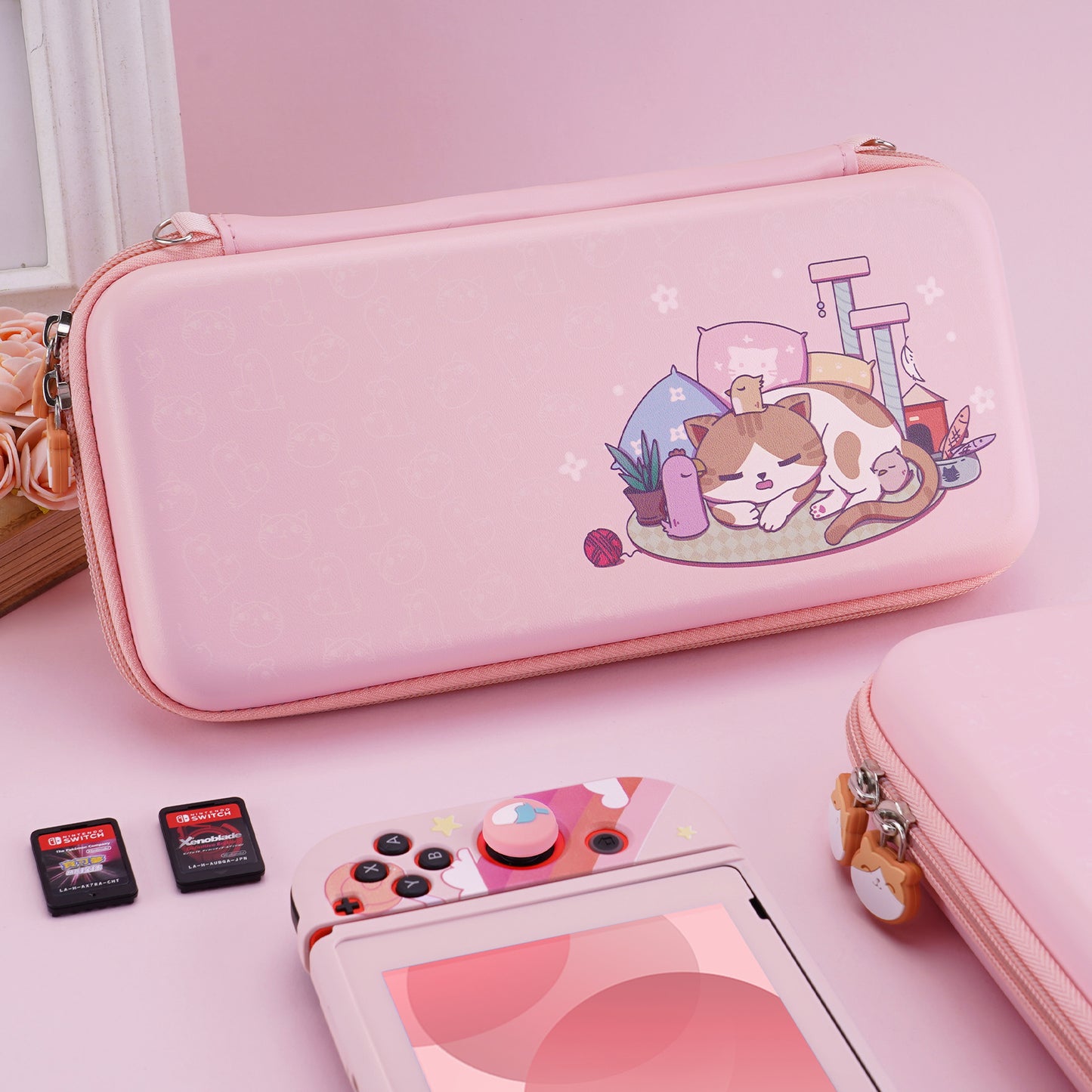 PlayVital Pink Cute Switch Carrying Case, Switch Portable Pouch, Soft Velvet Lining Switch Storage Bag, Travel Case for NS Switch OLED with Thumb Grips Game Cards Slots & Inner Pocket - Kitten & Chicken - NTW002 PlayVital