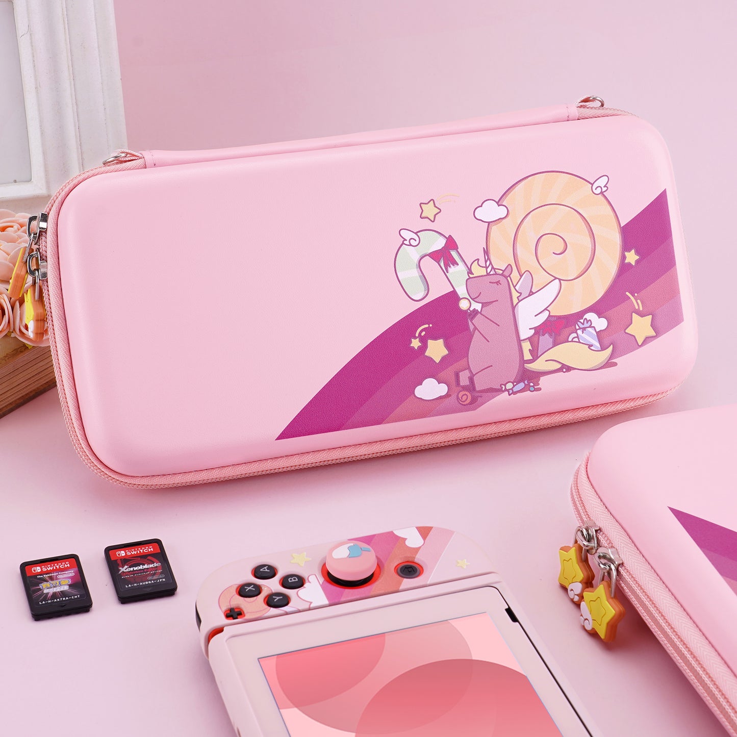 PlayVital Pink Cute Switch Carrying Case, Switch Portable Pouch, Soft Velvet Lining Switch Storage Bag, Travel Case for NS Switch OLED with Thumb Grips Game Cards Slots & Inner Pocket - Candy Rainbow Unicorn - NTW003 PlayVital