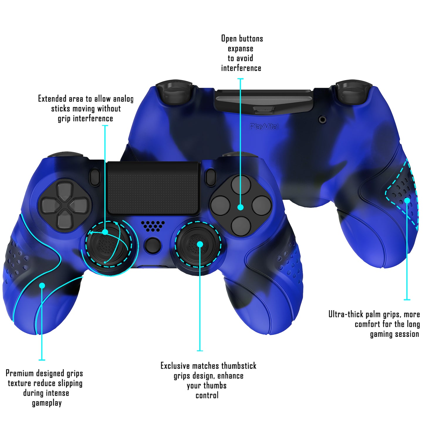 PlayVital Guardian Edition Blue & Black Ergonomic Soft Anti-Slip Controller Silicone Case Cover for ps4, Rubber Protector Skin with Joystick Caps for ps4 Slim/Pro Controller - P4CC0070 playvital