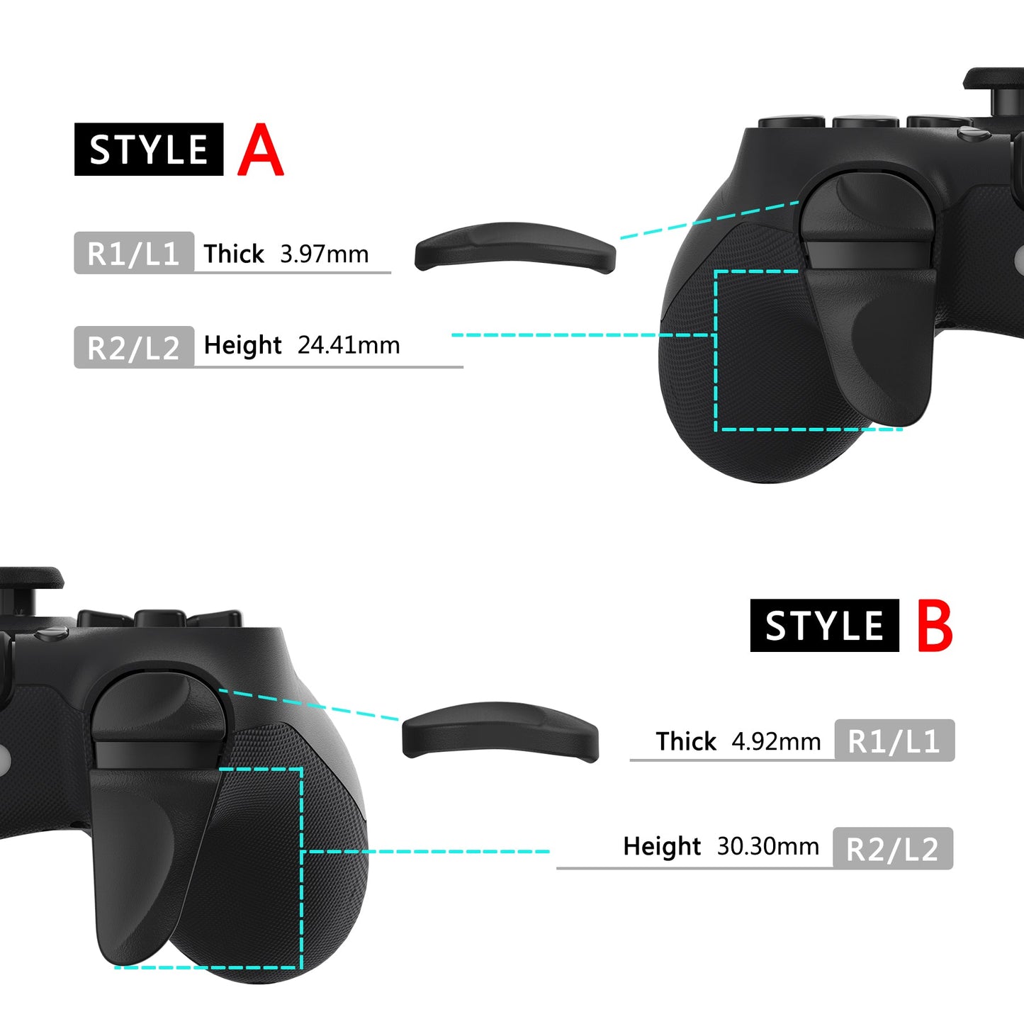 PlayVital 2 Pair Black Shoulder Buttons Extension Triggers for PS4 All Model Controller, Game Improvement Adjusters for PS4 Controller, Bumper Trigger Extenders for PS4 Slim Pro Controller - P4PJ001 PlayVital