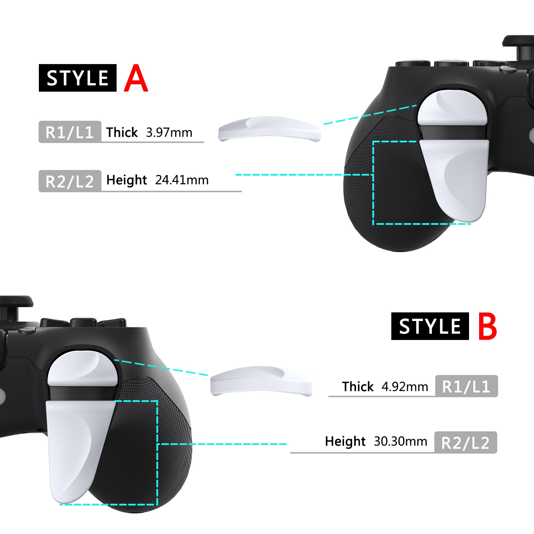 PlayVital 2 Pair White Shoulder Buttons Extension Triggers for PS4 All Model Controller, Game Improvement Adjusters for PS4 Controller, Bumper Trigger Extenders for PS4 Slim Pro Controller - P4PJ002 PlayVital