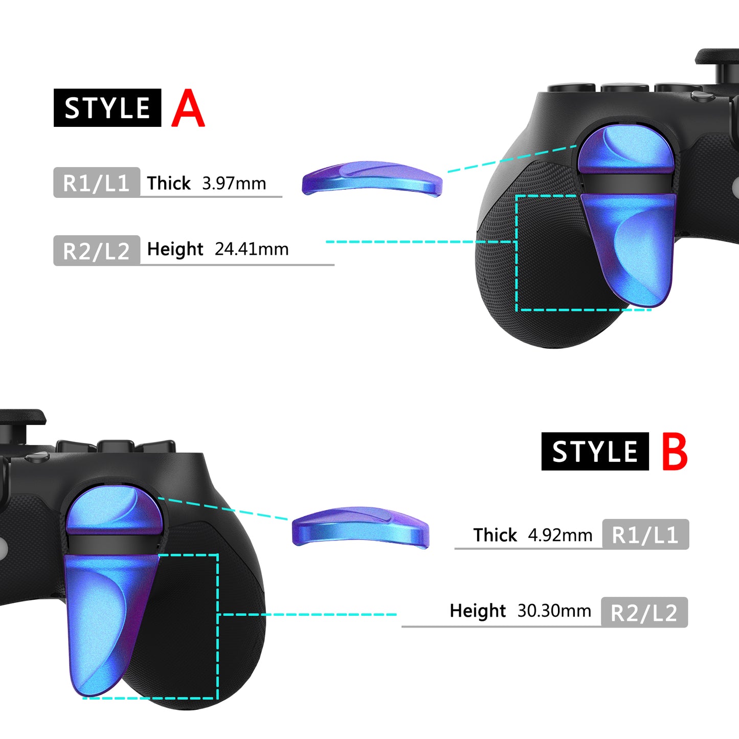 PlayVital 2 Pair Shoulder Buttons Extension Triggers for PS4 All Model Controller, Game Improvement Adjusters for PS4 Controller, Bumper Trigger Extenders for PS4 Slim Pro Controller - Chameleon Purple Blue - P4PJ003 PlayVital