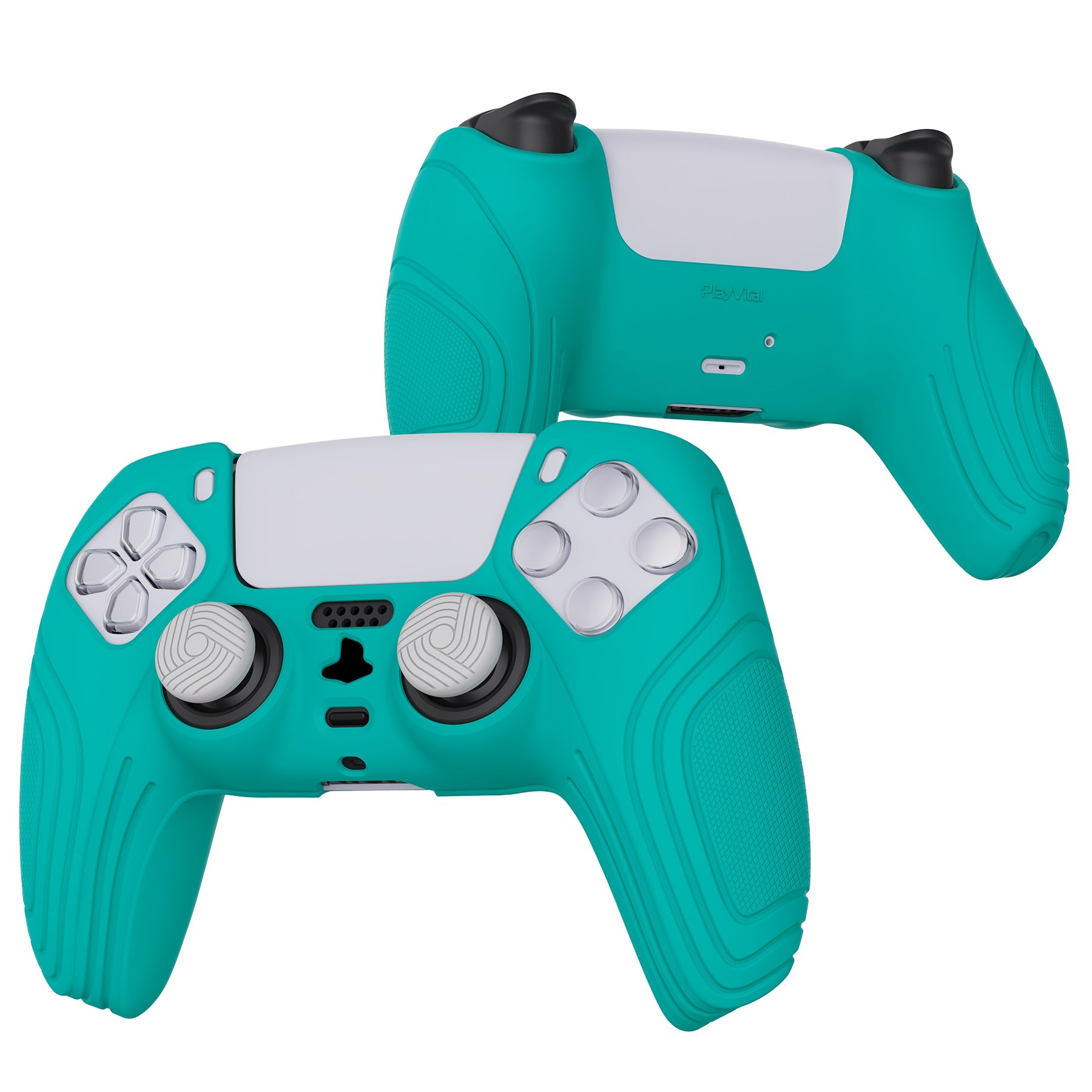 PlayVital Samurai Edition Aqua Green Anti-slip Controller Grip Silicone Skin, Ergonomic Soft Rubber Protective Case Cover for PlayStation 5 PS5 Controller with Black Thumb Stick Caps - BWPF010 PlayVital
