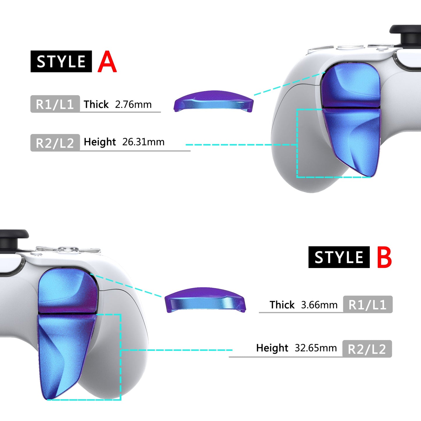 PlayVital Chameleon Purple Blue 2 Pair Shoulder Buttons Extension Triggers for PS5 Controller, Game Improvement Adjusters for PS5 Controller, Bumper Trigger Extenders for PS5 Controller - PFPJ040 PlayVital