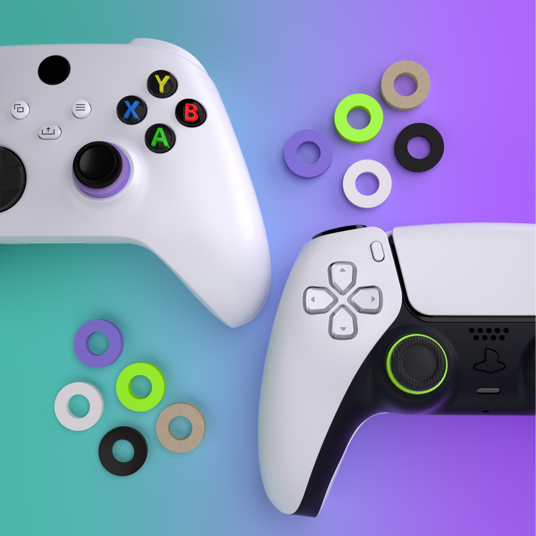 PlayVital 5 Pairs Aim Assist Target Motion Control Precision Rings for ps5, for ps4, for Xbox Series X/S, Xbox One, Xbox 360, for Switch Pro Controller, for Steam Deck - Green Purple Gray Black White - PFPJ117 PlayVital