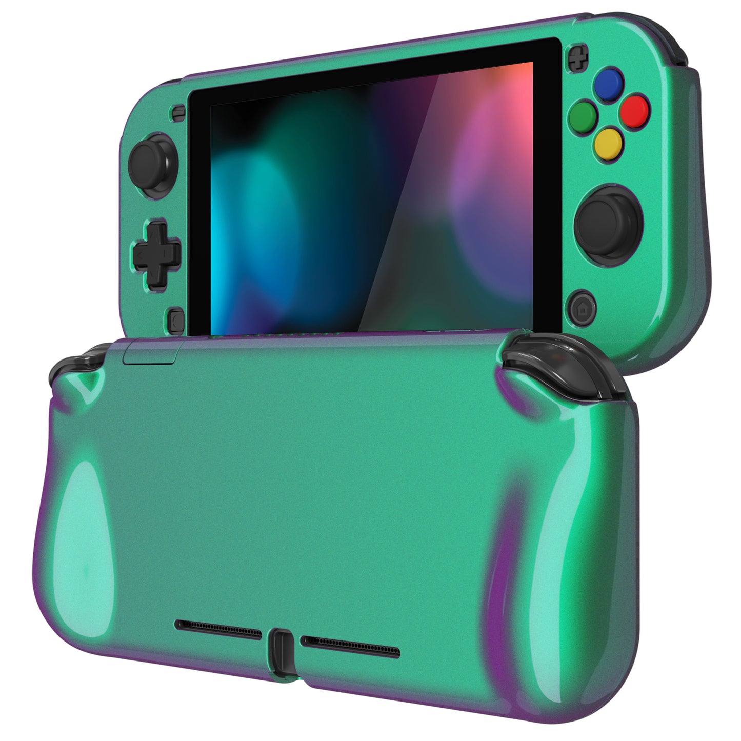 PlayVital ZealProtect Glossy Protective Case for Nintendo Switch Lite, Hard Shell Ergonomic Grip Cover for Switch Lite w/Screen Protector & Thumb Grip Caps & Button Caps - Chameleon Green Purple - PSLYP3008 playvital