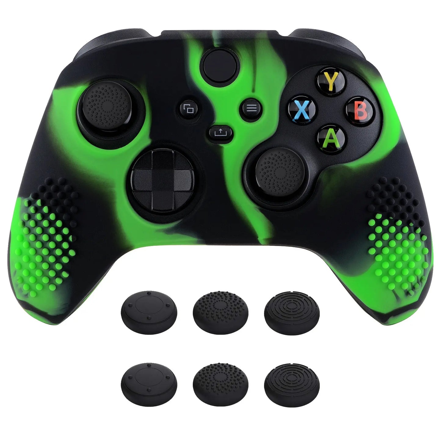 PlayVital Green & Black 3D Studded Edition Anti-slip Silicone Cover Skin for Xbox Series X Controller, Soft Rubber Case Protector for Xbox Series S Controller with 6 Black Thumb Grip Caps - SDX3018 PlayVital