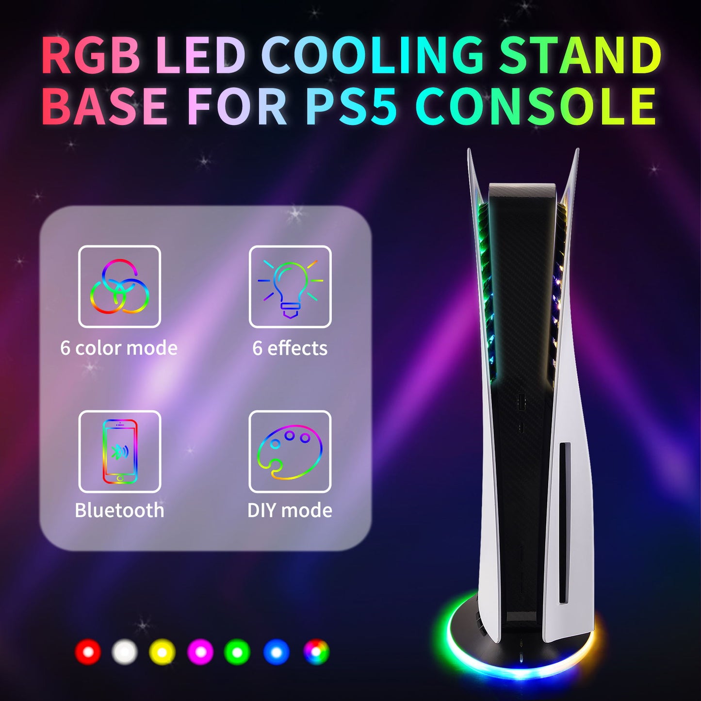 PlayVital RGB LED Cooling Stand for ps5 Disc & Digital Console, Vertical Fan Base with LED Strip Kit for ps5 Console – Control by APP - RGPFM001 PlayVital
