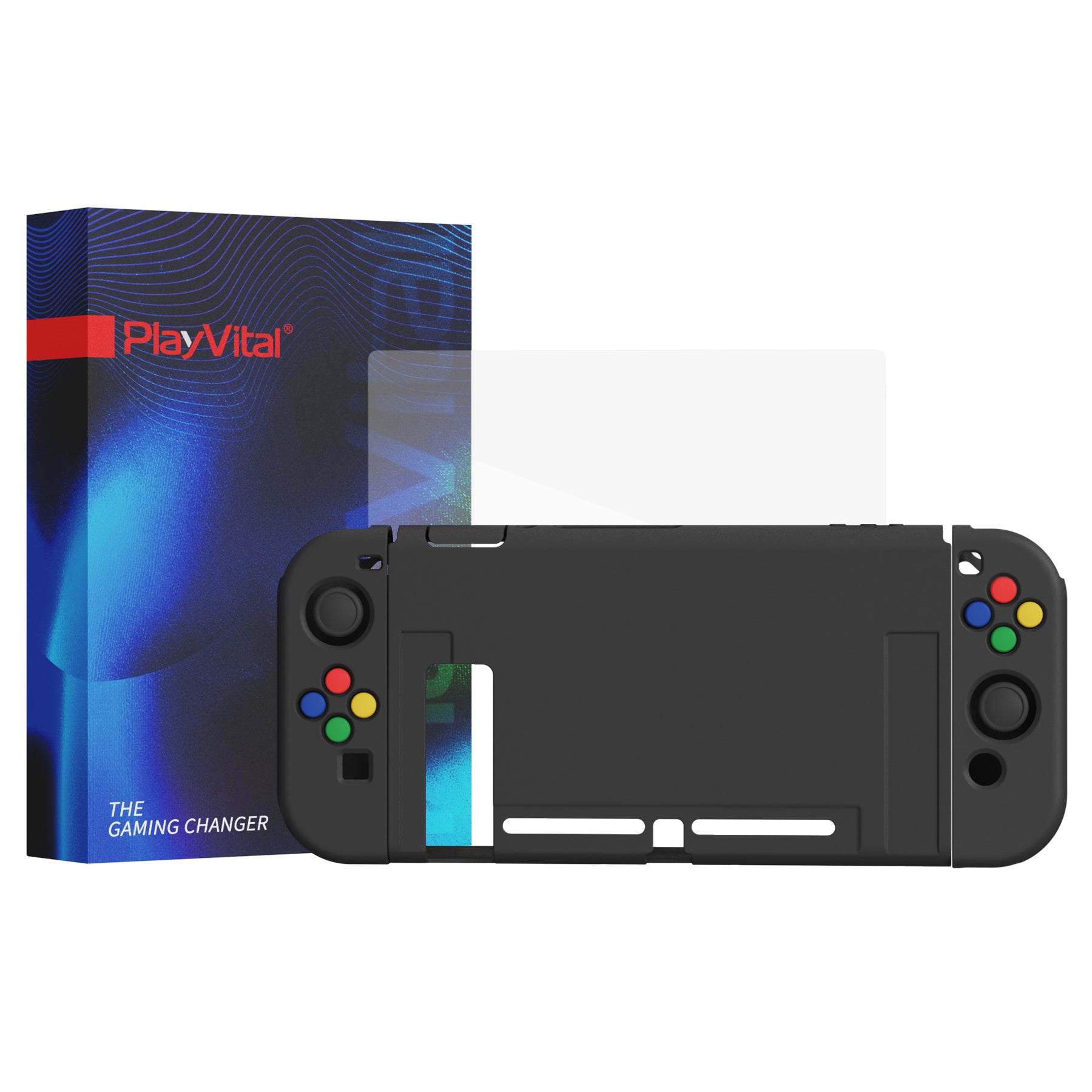 PlayVital ZealProtect Soft Protective Case for Nintendo Switch, Flexible Cover Protector for Nintendo Switch with Tempered Glass Screen Protector & Thumb Grip Caps & ABXY Direction Button Caps - Black - RNSYM5001 playvital