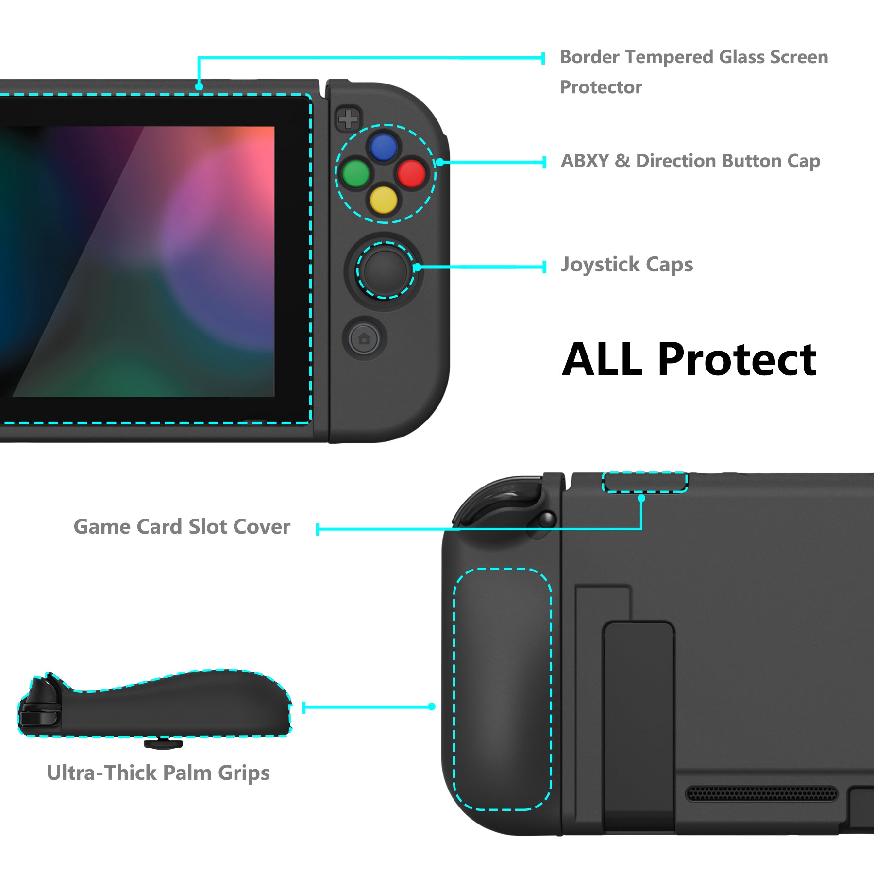 PlayVital ZealProtect Soft Protective Case for Nintendo Switch, Flexible Cover Protector for Nintendo Switch with Tempered Glass Screen Protector & Thumb Grip Caps & ABXY Direction Button Caps - Black - RNSYM5001 playvital