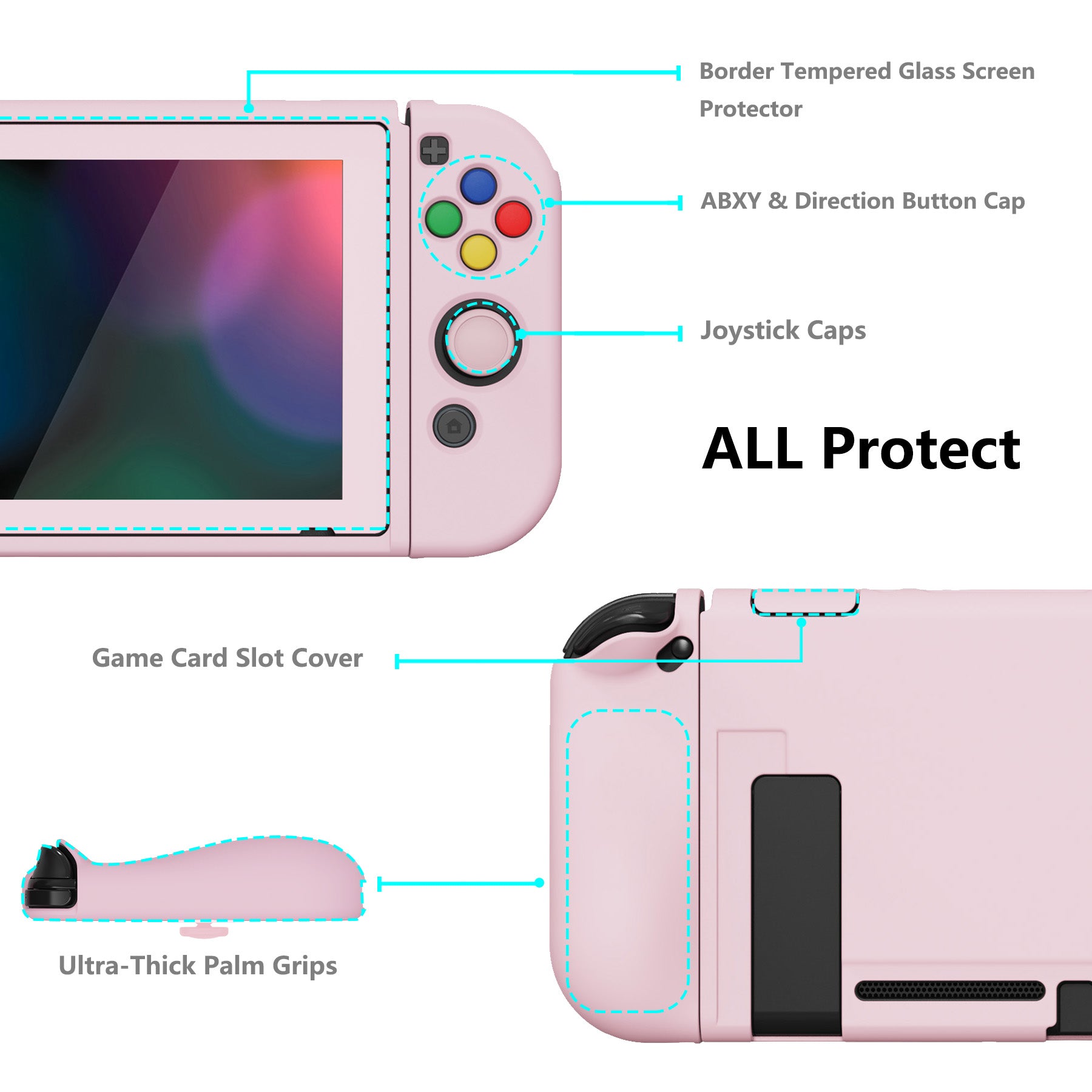 PlayVital ZealProtect Soft Protective Case for Nintendo Switch, Flexible Cover for Switch with Tempered Glass Screen Protector & Thumb Grips & ABXY Direction Button Caps - Cherry Blossoms Pink - RNSYM5002 playvital